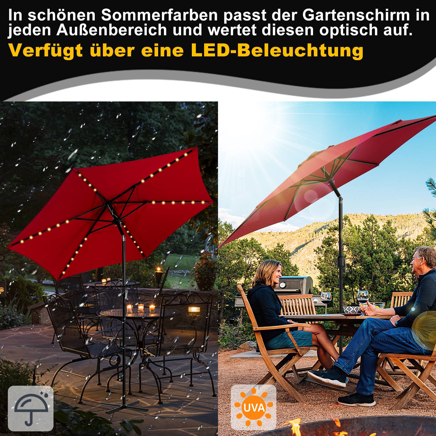 Sonnenschirm Ø2.7m inkl. LED Gartenschirm 360° drehbar Terrassenschirm Ampelschirm Marktschirm Strandschirm - mit LED - Rot
