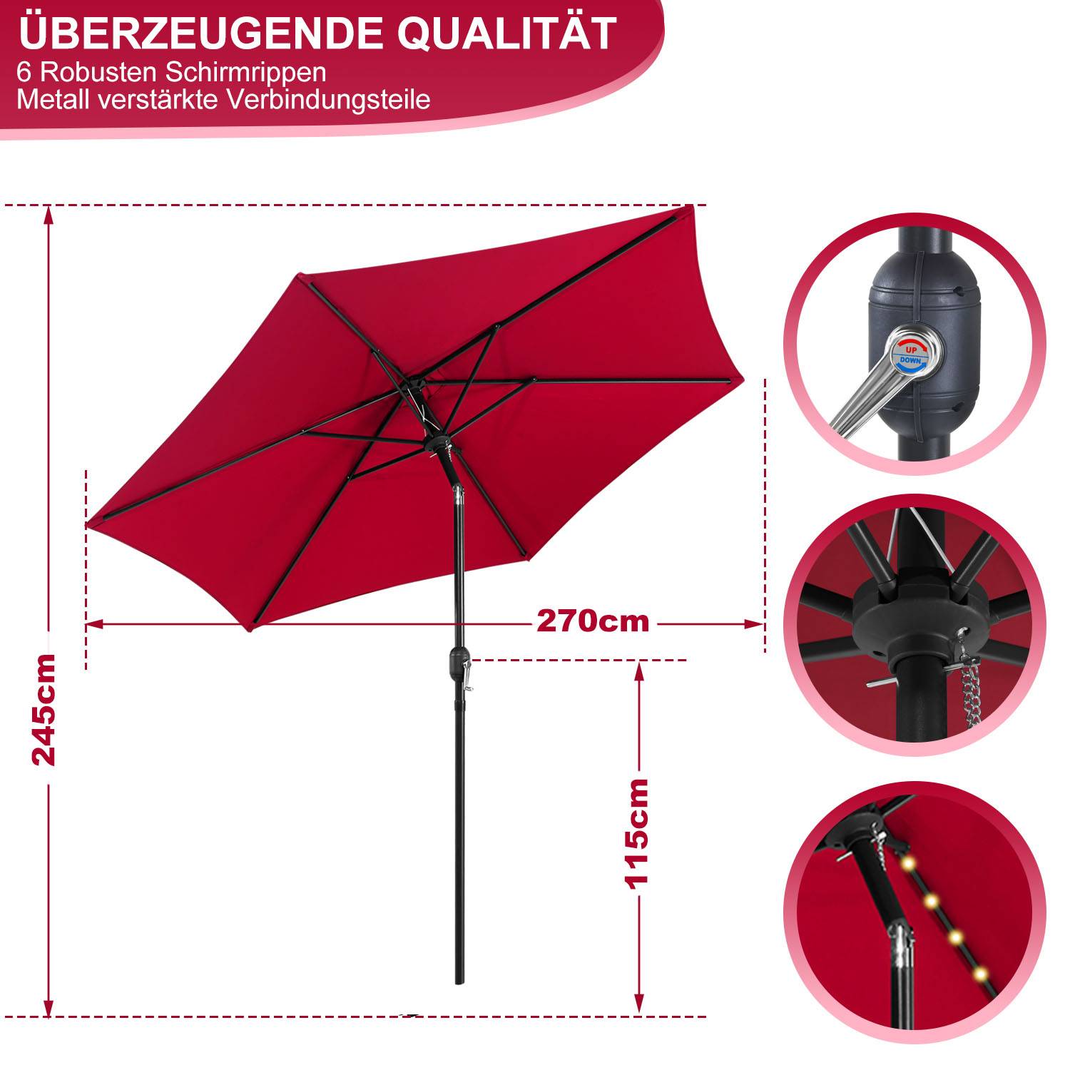 Sonnenschirm Rund,Kurbel Knickbar Eisen Balkonschirm Marktschirm,neigbar,LED,270cm,Rot