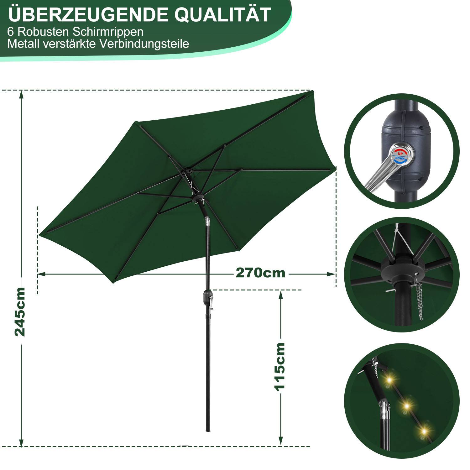 Sonnenschirm Ø2.7m inkl. LED Gartenschirm 360° drehbar Terrassenschirm Ampelschirm Marktschirm Strandschirm - mit LED - Grün