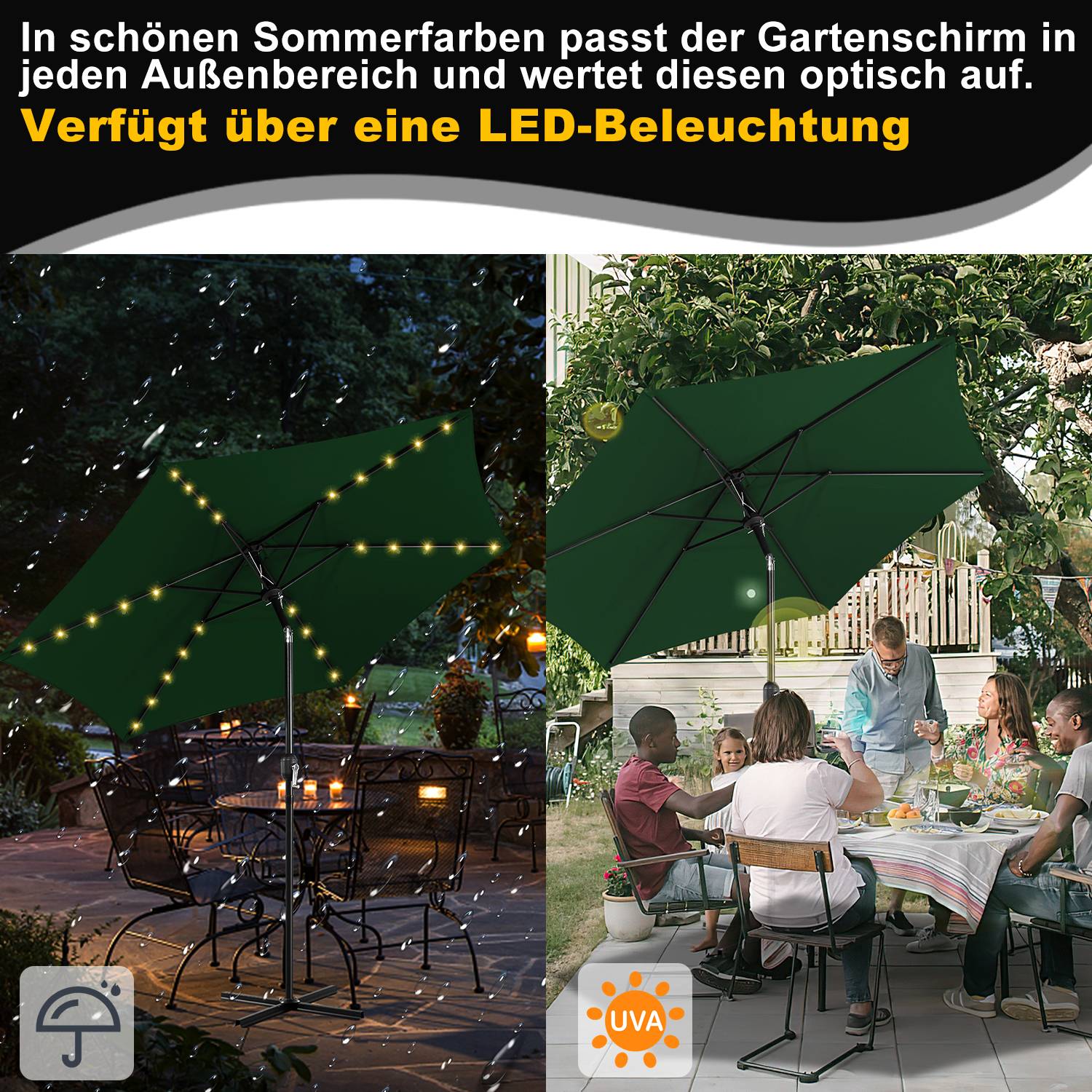 Sonnenschirm Rund,Kurbel Knickbar Eisen Balkonschirm Marktschirm,neigbar,LED,270cm,Grün