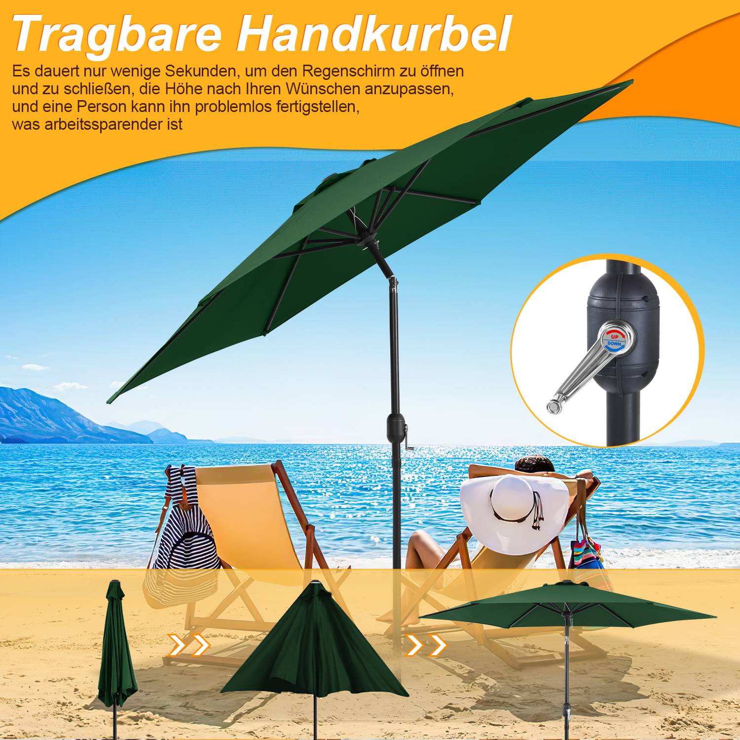 Sonnenschirm Rund,Kurbel Knickbar Eisen Balkonschirm Marktschirm,neigbar,LED,270cm,Grün