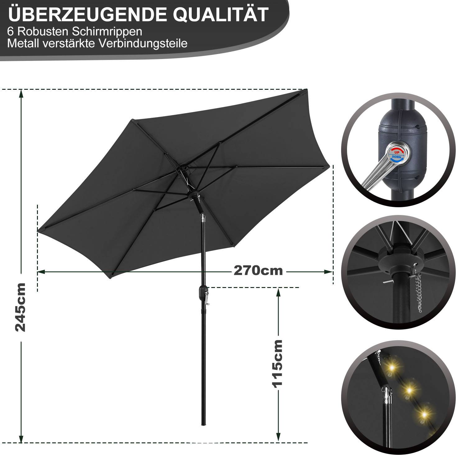 Sonnenschirm Ø2.7m inkl. LED Gartenschirm 360° drehbar Terrassenschirm Ampelschirm Marktschirm Strandschirm - mit LED - Grau