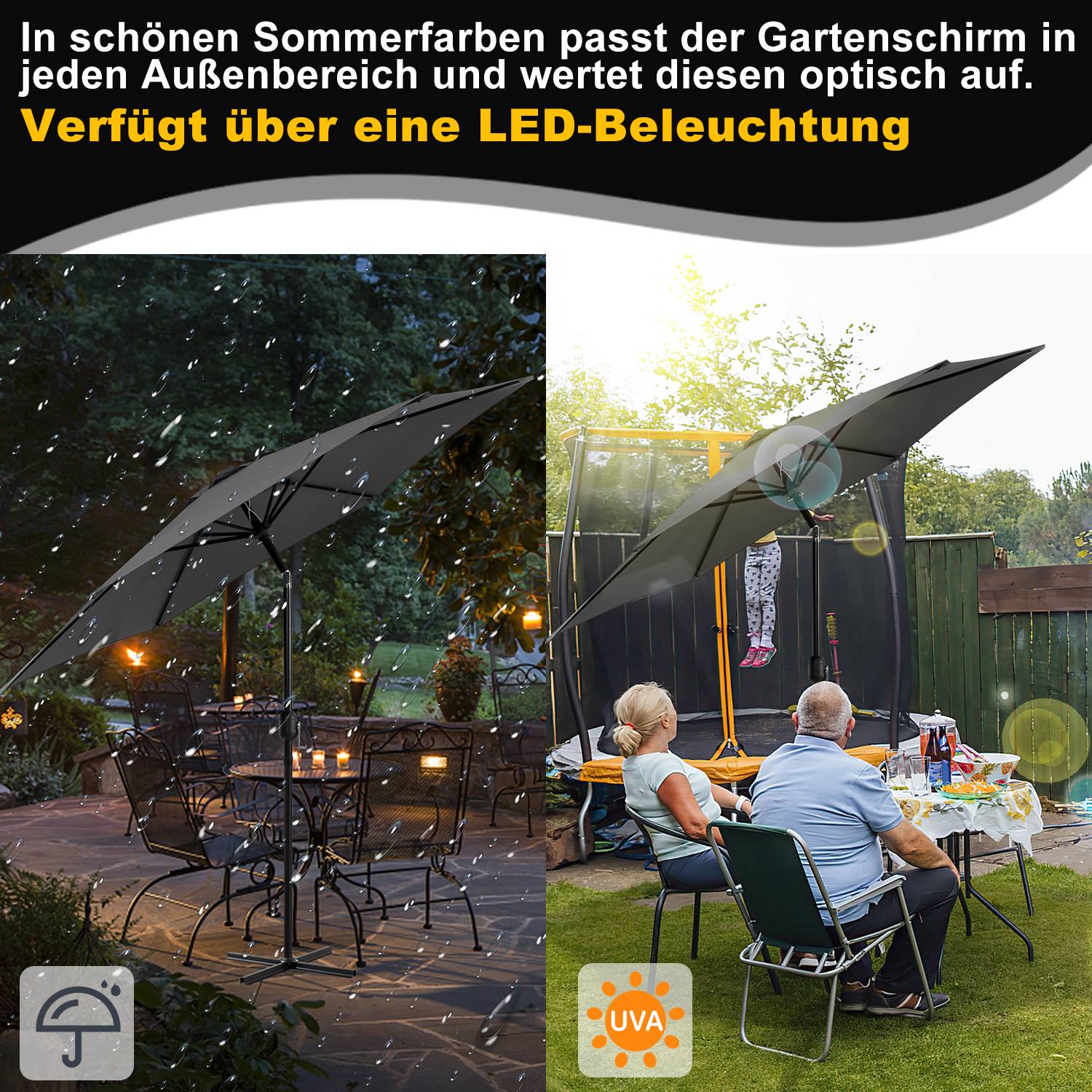 Sonnenschirm Ø2.7m inkl. LED Gartenschirm 360° drehbar Terrassenschirm Ampelschirm Marktschirm Strandschirm - mit LED - Grau