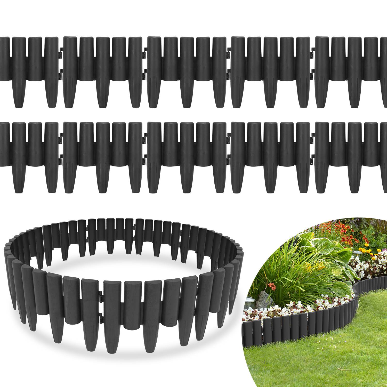 40 Stück Rasenkante Holzoptik Beeteinfassung Mähkante Beetumrandung Kunststoff für Garten, Wiese 11,2m Anthrazit