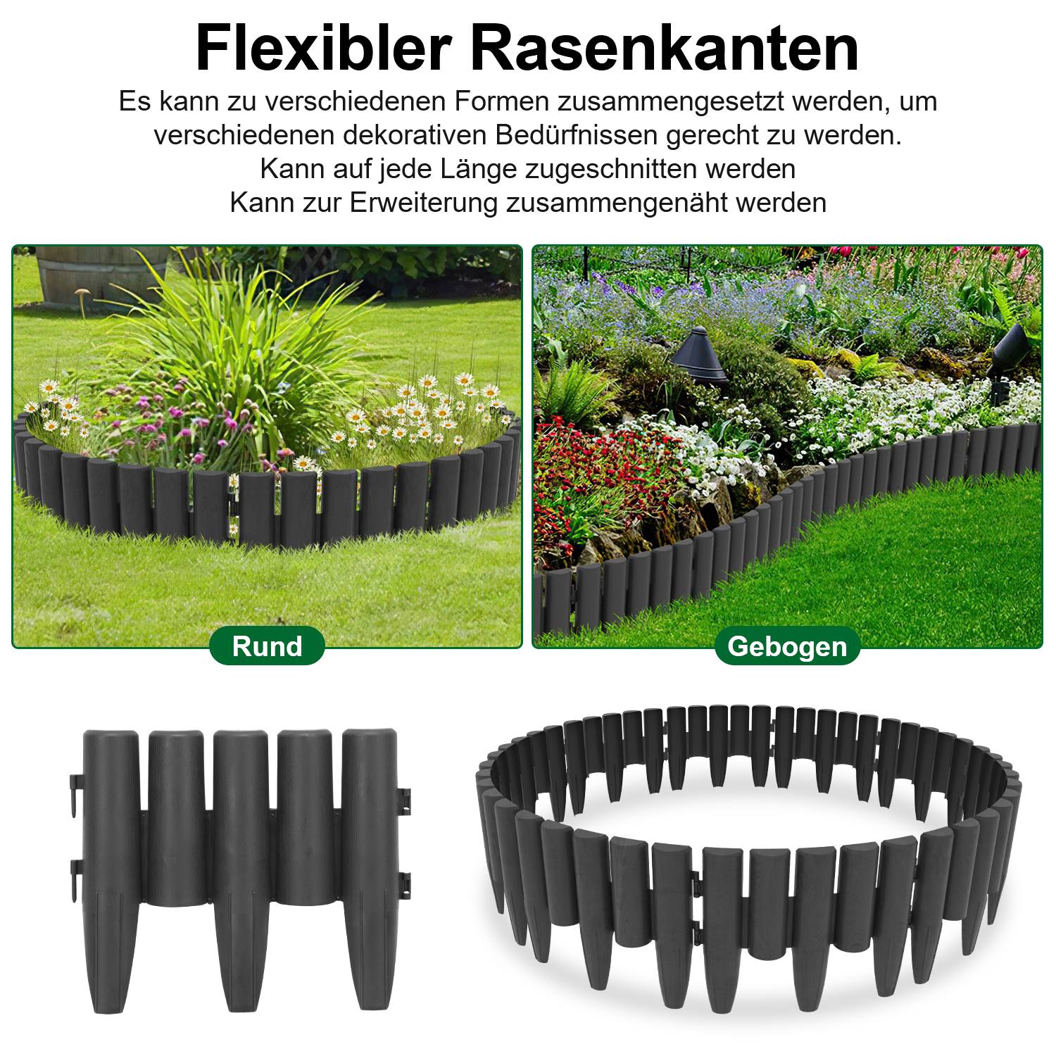 50 Stück Rasenkante Holzoptik Beeteinfassung Mähkante Beetumrandung Kunststoff für Garten, Wiese 14m Anthrazit