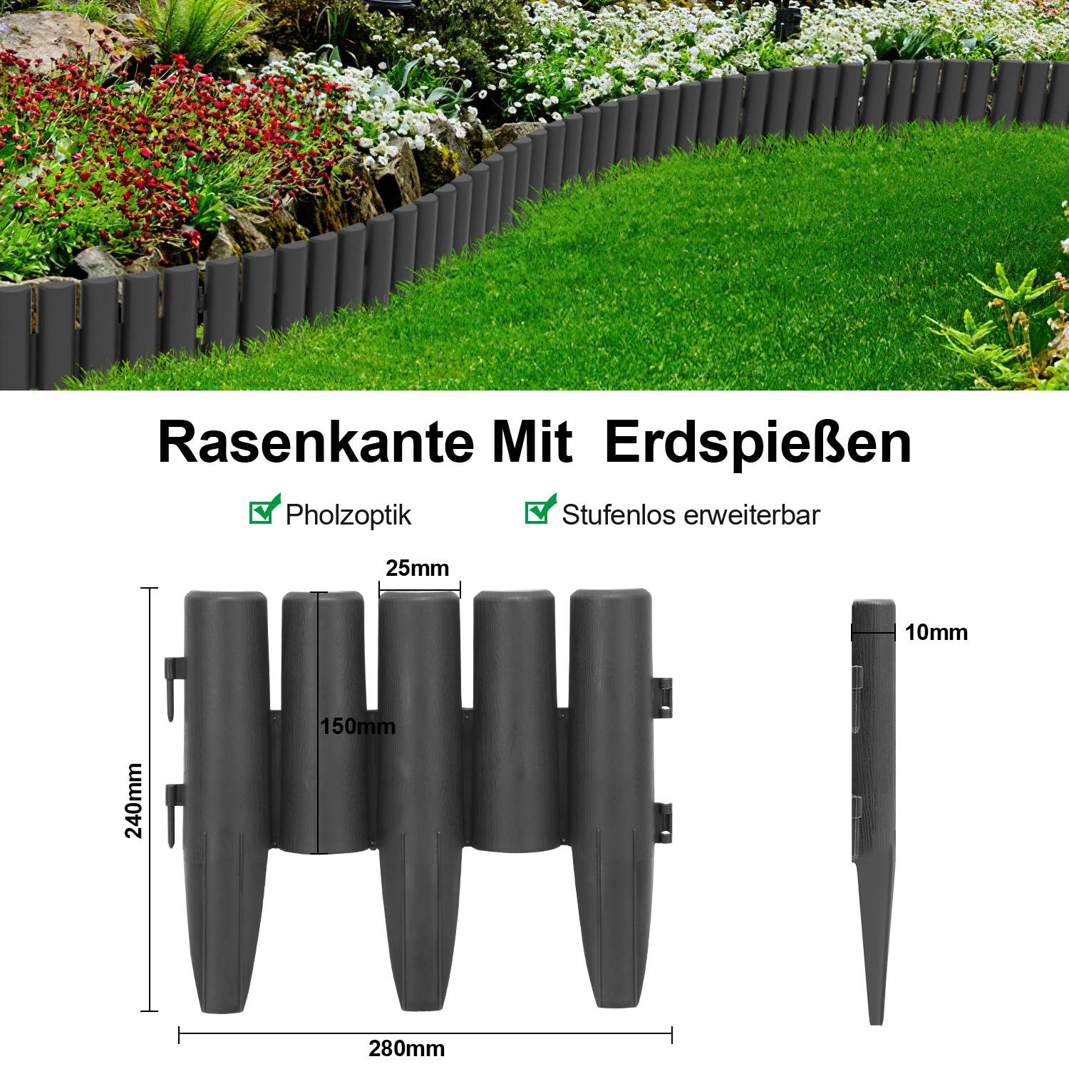 Produktbild von schwarzer flexibler Rasenkante mit Bodendornen, gezeigt installiert entlang eines Blumenbeets mit beschrifteten Abmessungen von 240mm Höhe, 280mm Breite, 25mm Abstand und 10mm Dicke.