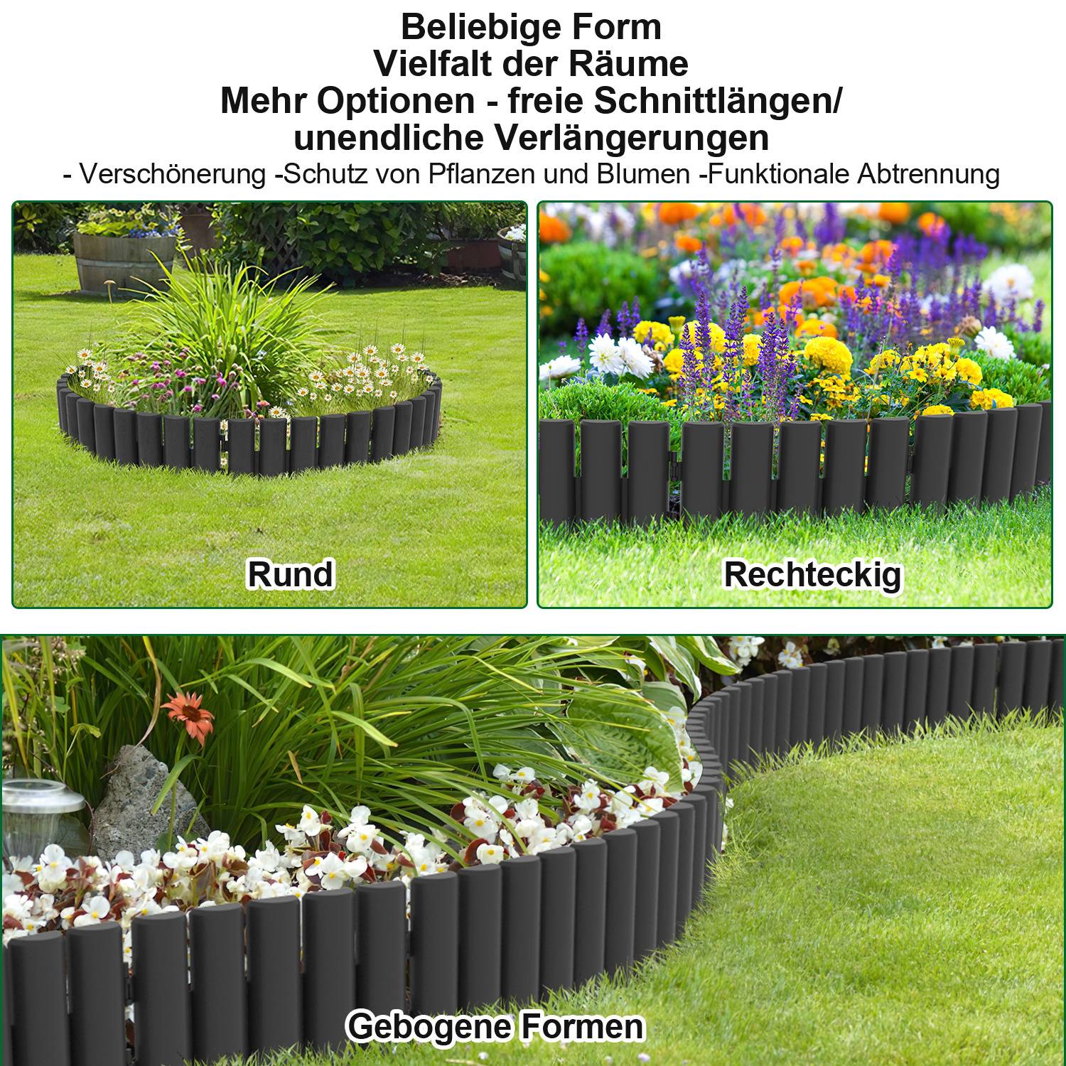 Werbebild zeigt modulare schwarze Garteneinfassungen in runden, rechteckigen und gekrümmten Formen für flexible Blumenbeetgrenzen und Pflanzenschutz; deutscher Text hebt endlose Erweiterungsmöglichkeiten und benutzerdefinierte Formen hervor.