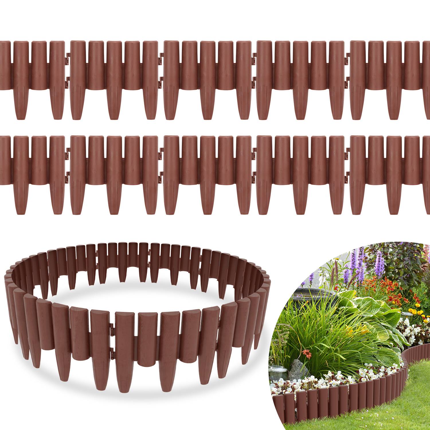50 Stück Rasenkante Holzoptik Beeteinfassung Mähkante Beetumrandung Kunststoff für Garten, Wiese 14m Braun