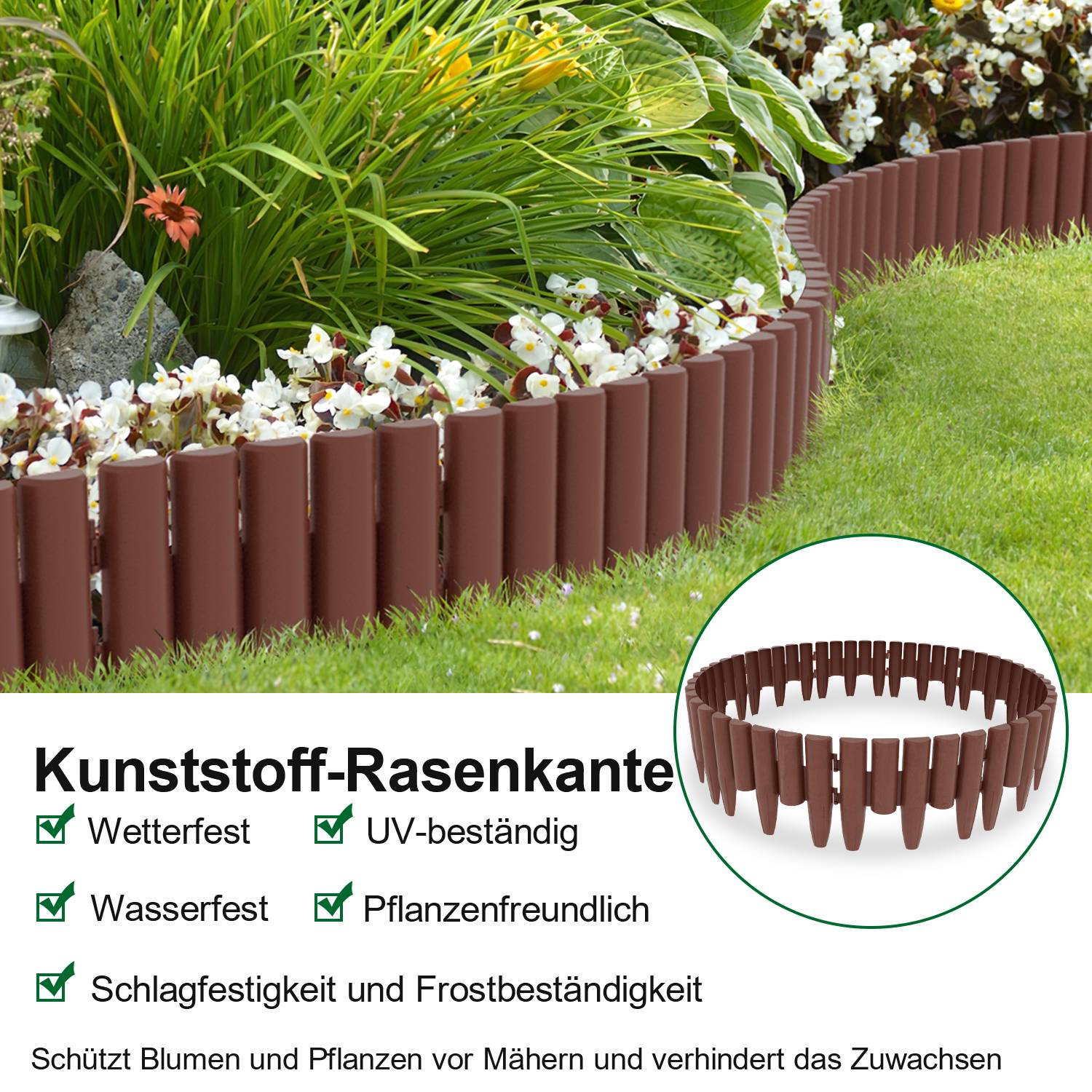 50 Stück Rasenkante Holzoptik Beeteinfassung Mähkante Beetumrandung Kunststoff für Garten, Wiese 14m Braun