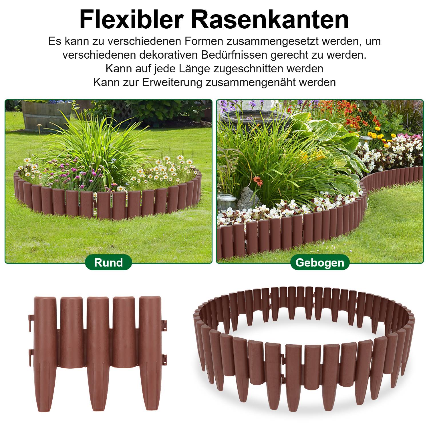 20 Stück Rasenkante Holzoptik Beeteinfassung Mähkante Beetumrandung Kunststoff für Garten, Wiese 5,6m Braun