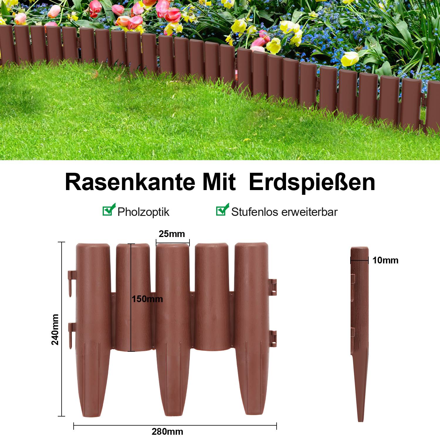 40 Stück Rasenkante Holzoptik Beeteinfassung Mähkante Beetumrandung Kunststoff für Garten, Wiese 11,2m Braun