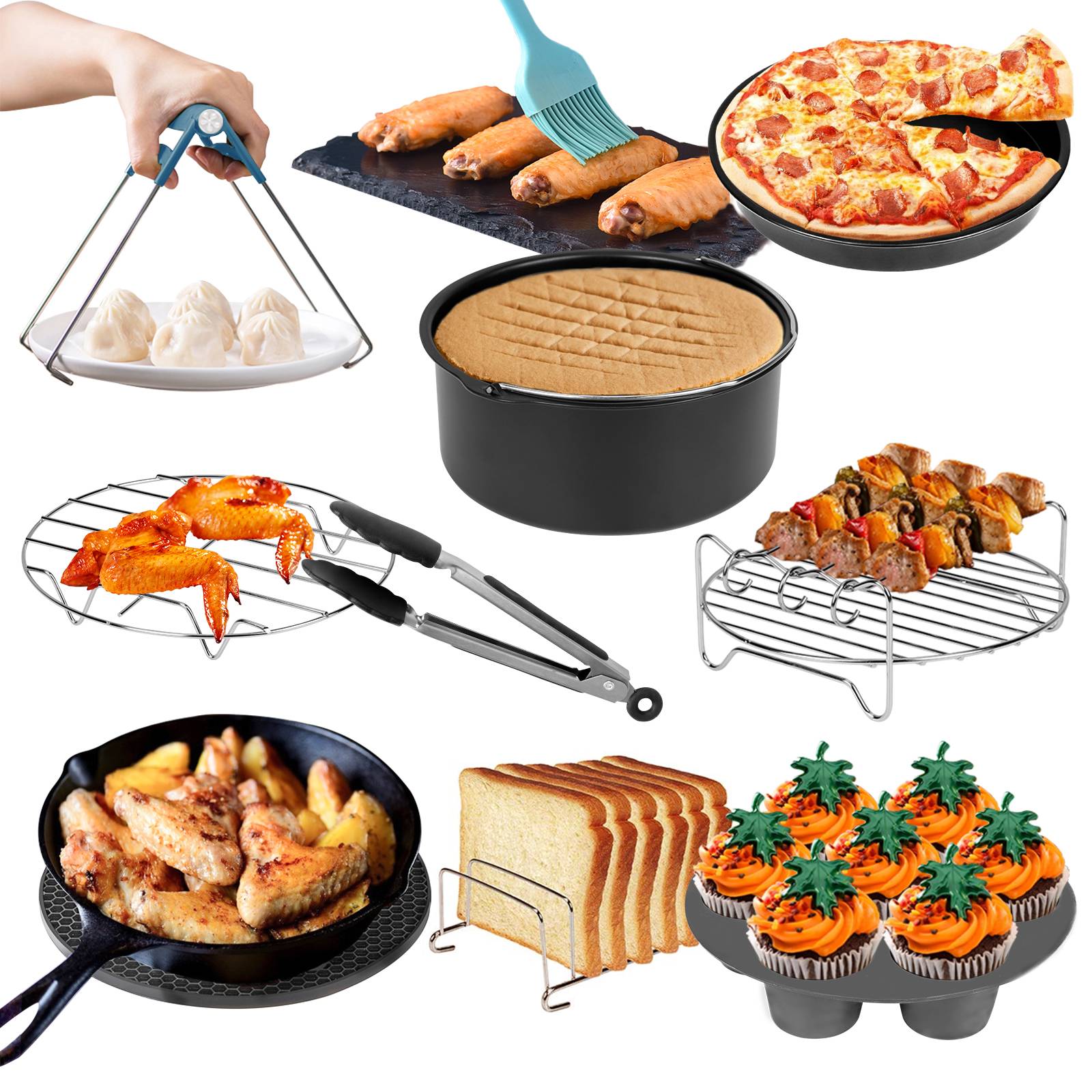 12 Stück Heißluftfritteuse Zubehör Set für Fritteusen mit Silikonpfanne Grillrost Spieße 7 Zoll