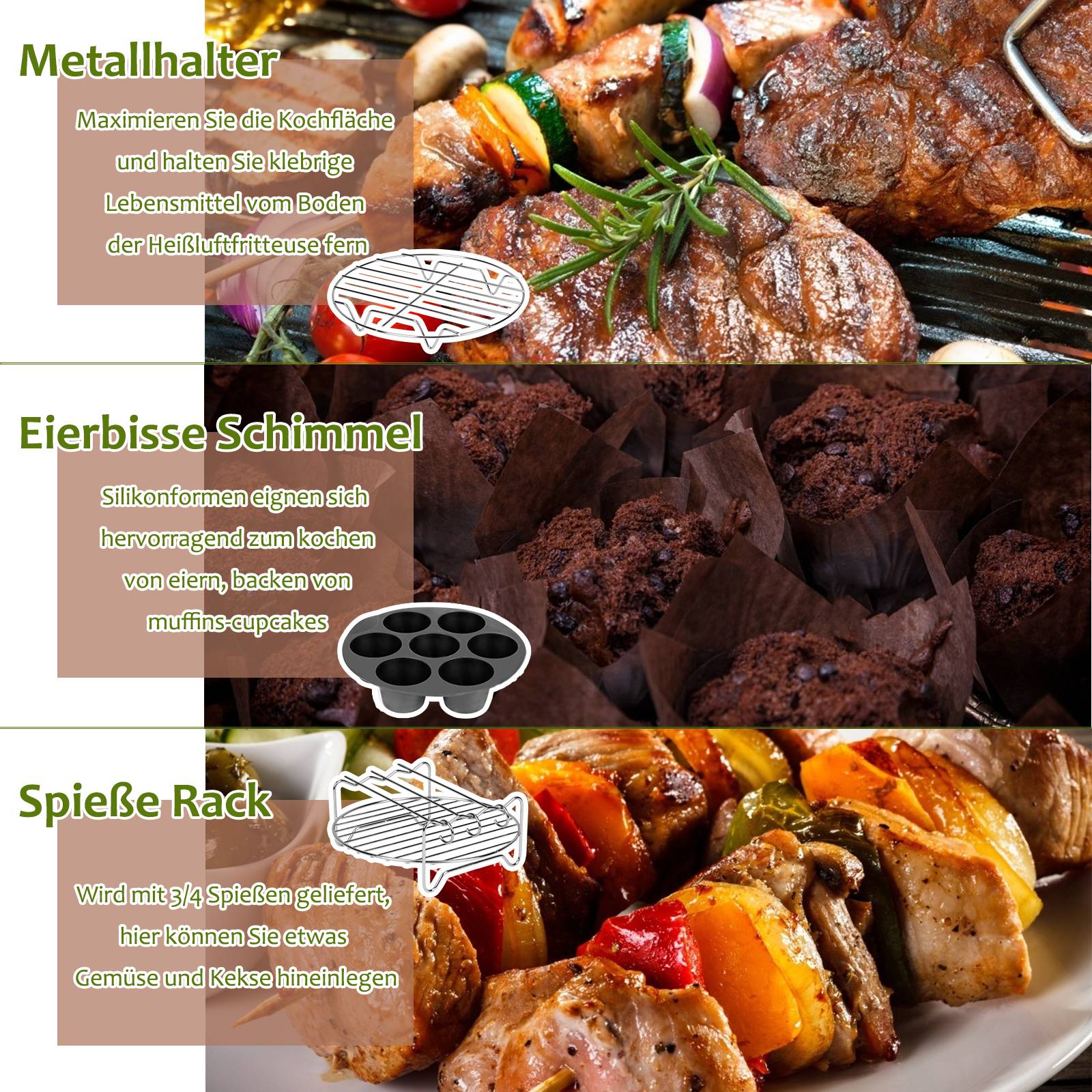 12 Stück Heißluftfritteuse Zubehör Set für Fritteusen mit Silikonpfanne Grillrost Spieße 7 Zoll
