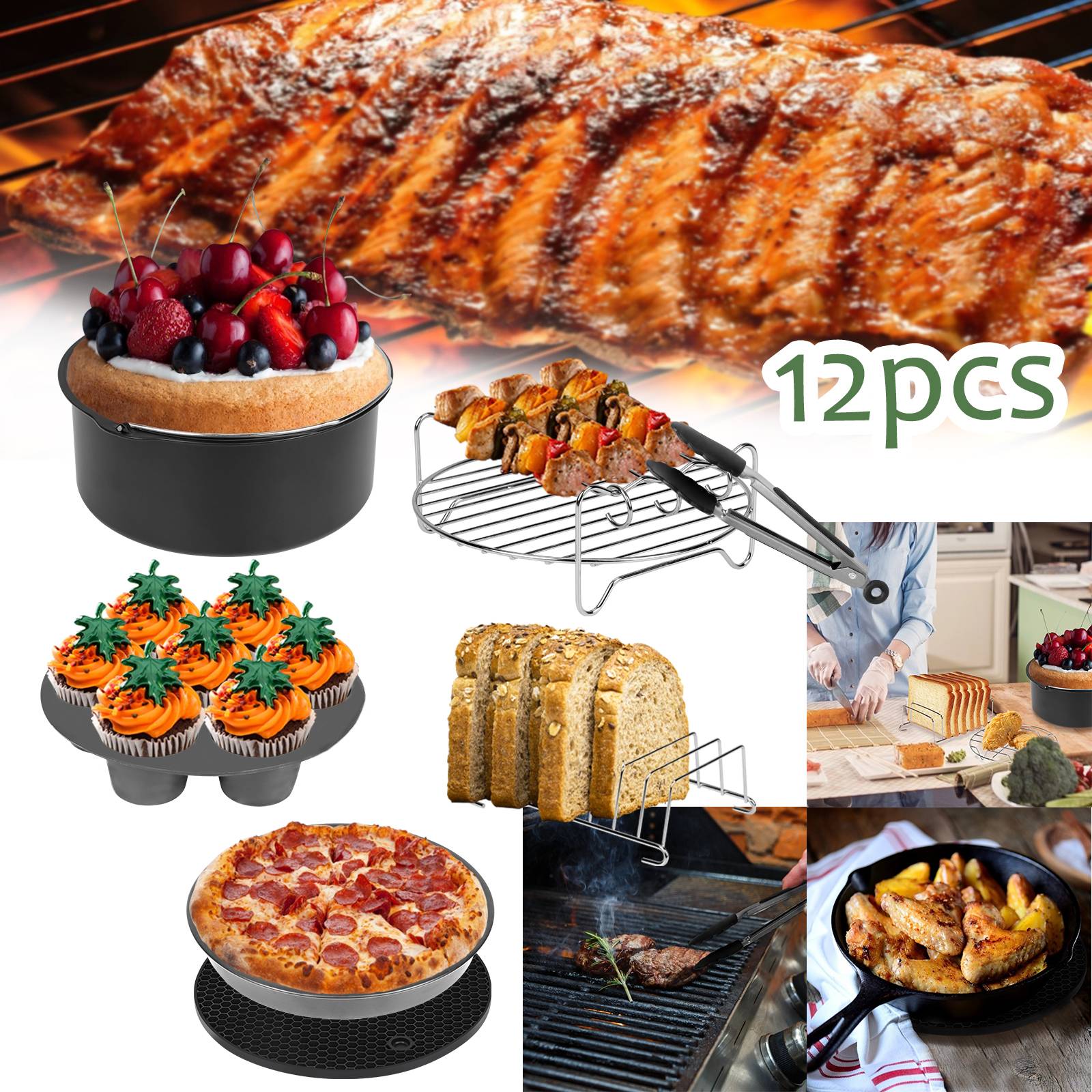 12 Stück Heißluftfritteuse Zubehör Set für Fritteusen mit Silikonpfanne Grillrost Spieße 8 Zoll