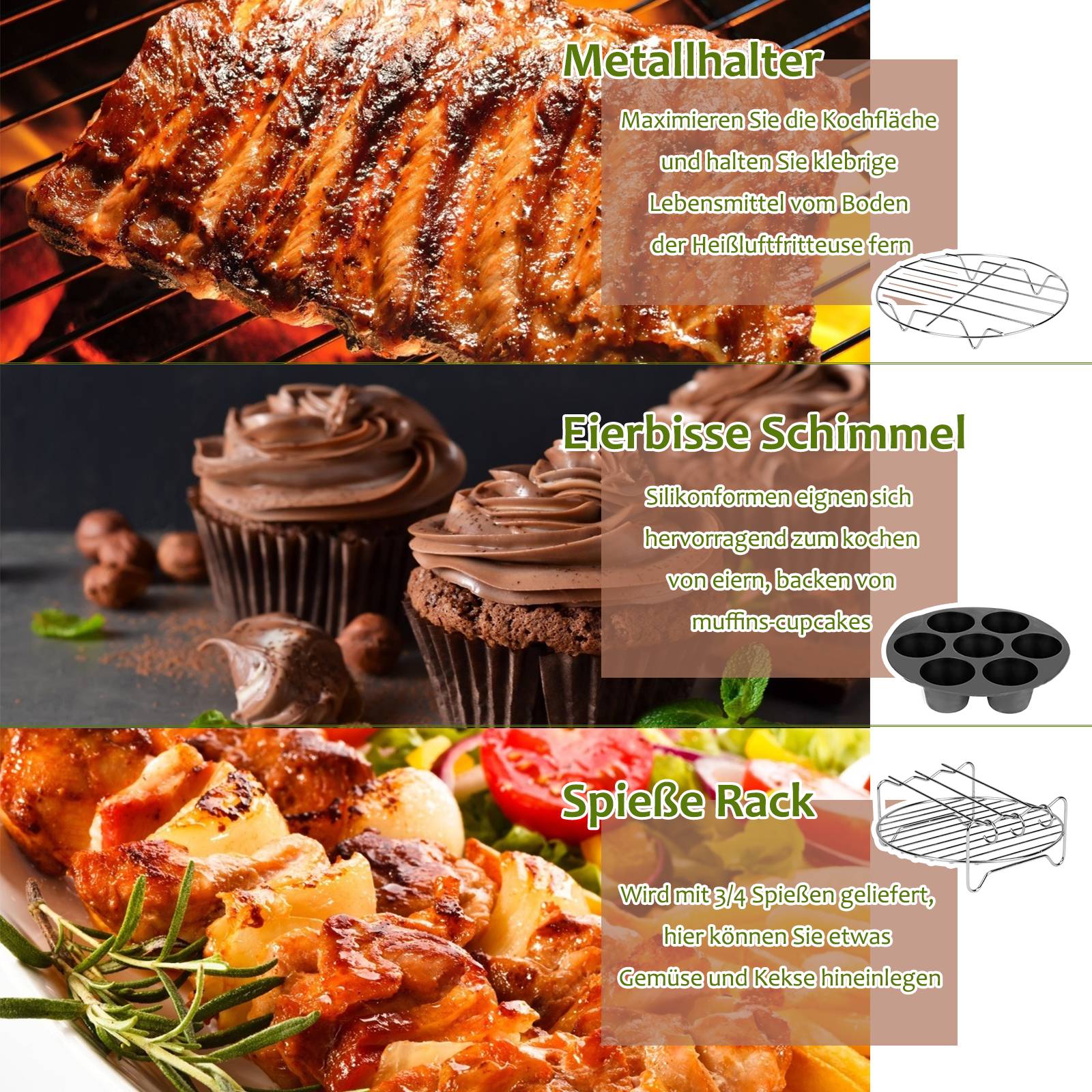 12 Stück Heißluftfritteuse Zubehör Set für Fritteusen mit Silikonpfanne Grillrost Spieße 8 Zoll