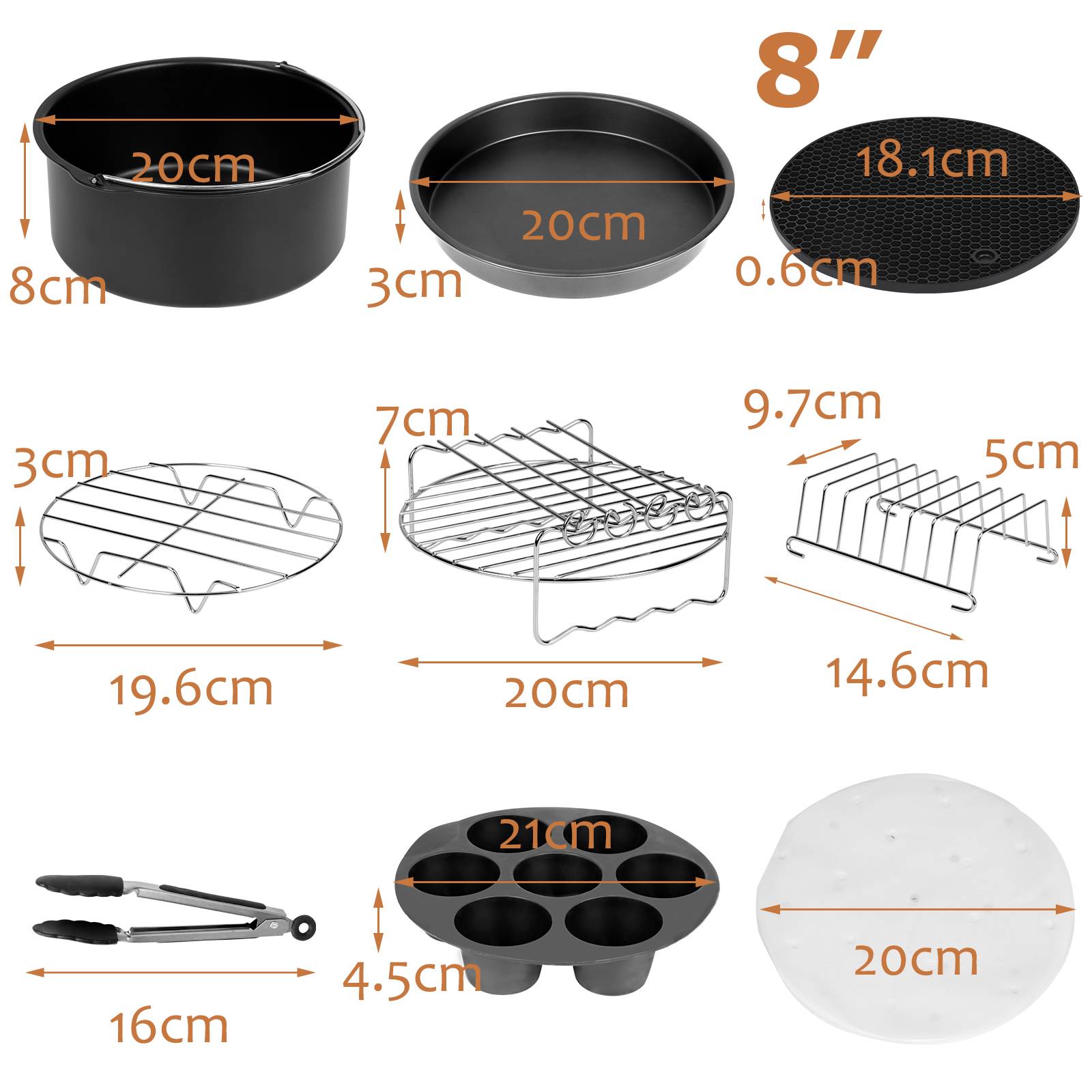 12 Stück Heißluftfritteuse Zubehör Set für Fritteusen mit Silikonpfanne Grillrost Spieße 8 Zoll