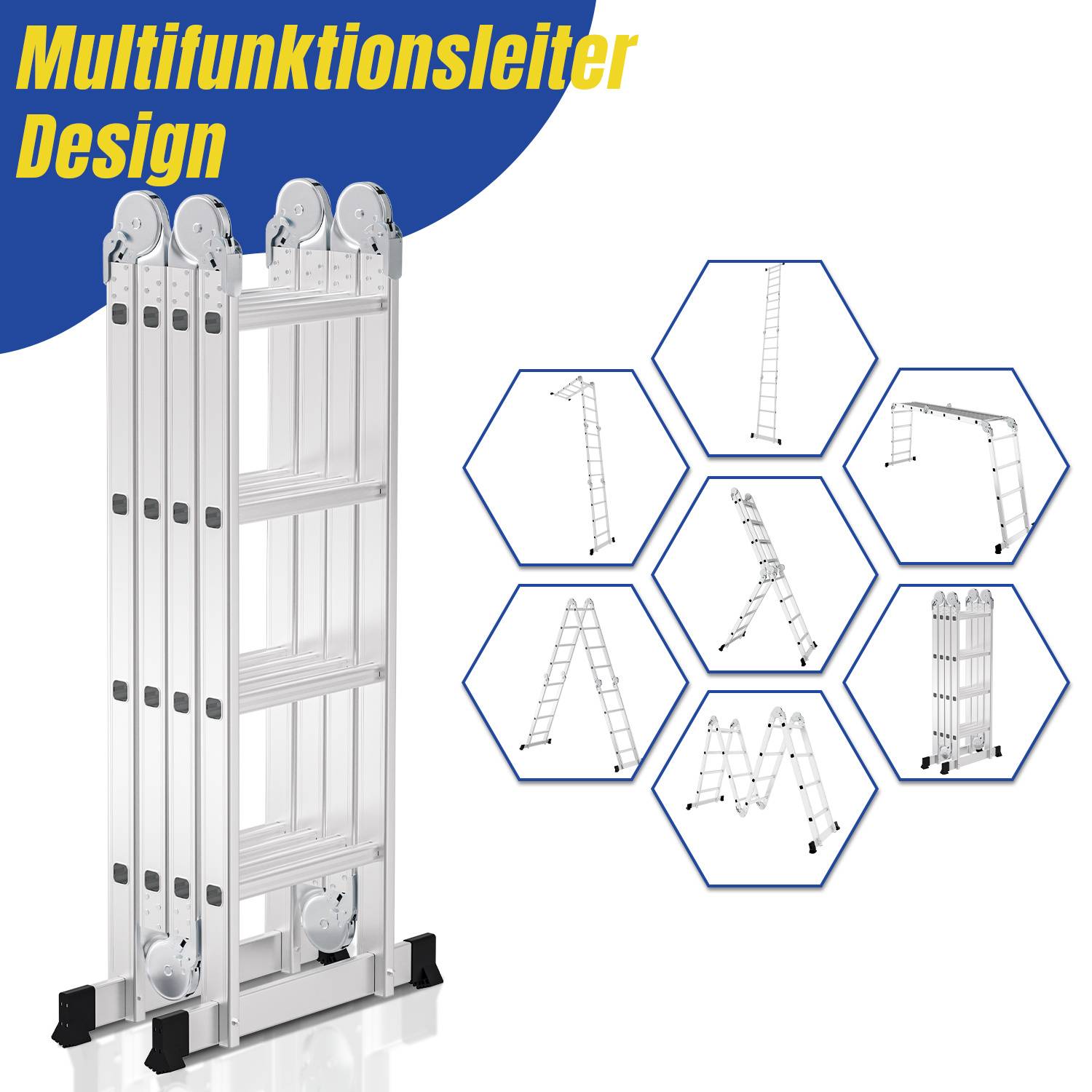 Multifunktionales Leiterndesign mit einer eingeklappten Aluminium-Leiter auf der linken Seite und sechs Sechseck-Bildern, die verschiedene Leiterkonfigurationen auf der rechten Seite zeigen.