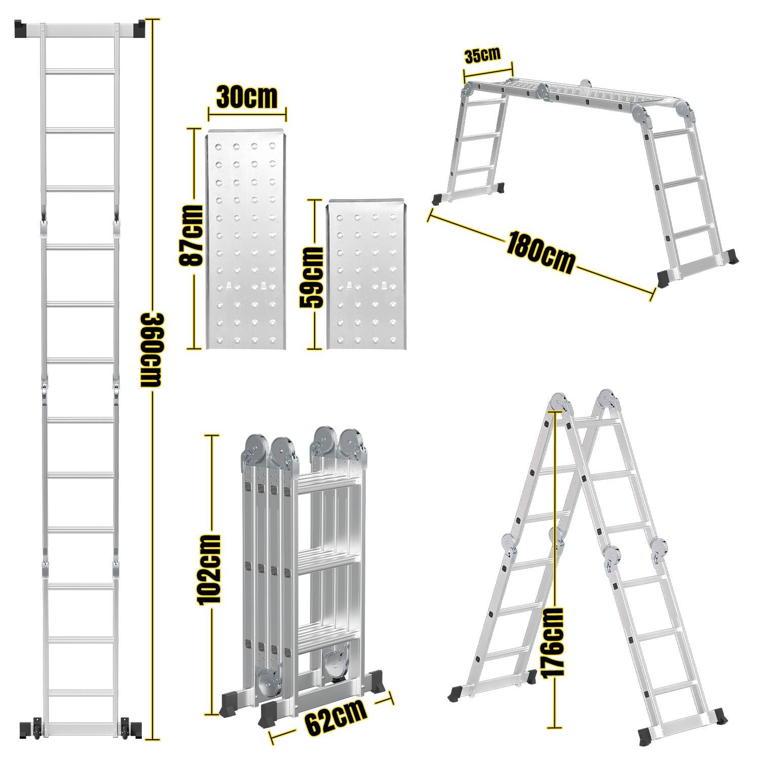 6 in 1 Leiter Mehrzweckleiter Alu Gelenkleiter Klappleiter 360cm Multifunktionsleiter Aluleiter Mit Plattform Bis 150KG 4 X 3 Stufen Silber