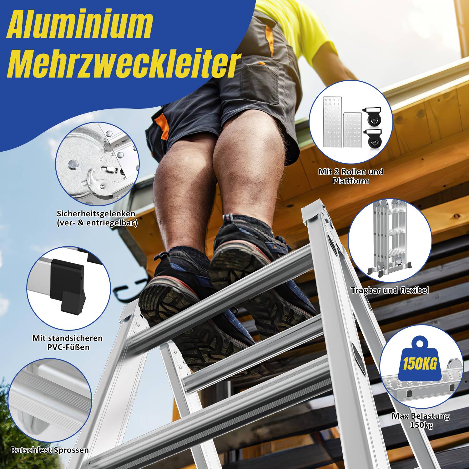 6 in 1 Leiter Mehrzweckleiter Alu Gelenkleiter Klappleiter 582cm Multifunktionsleiter Aluleiter Mit Plattform Bis 150KG 4 X 5 Stufen Silber