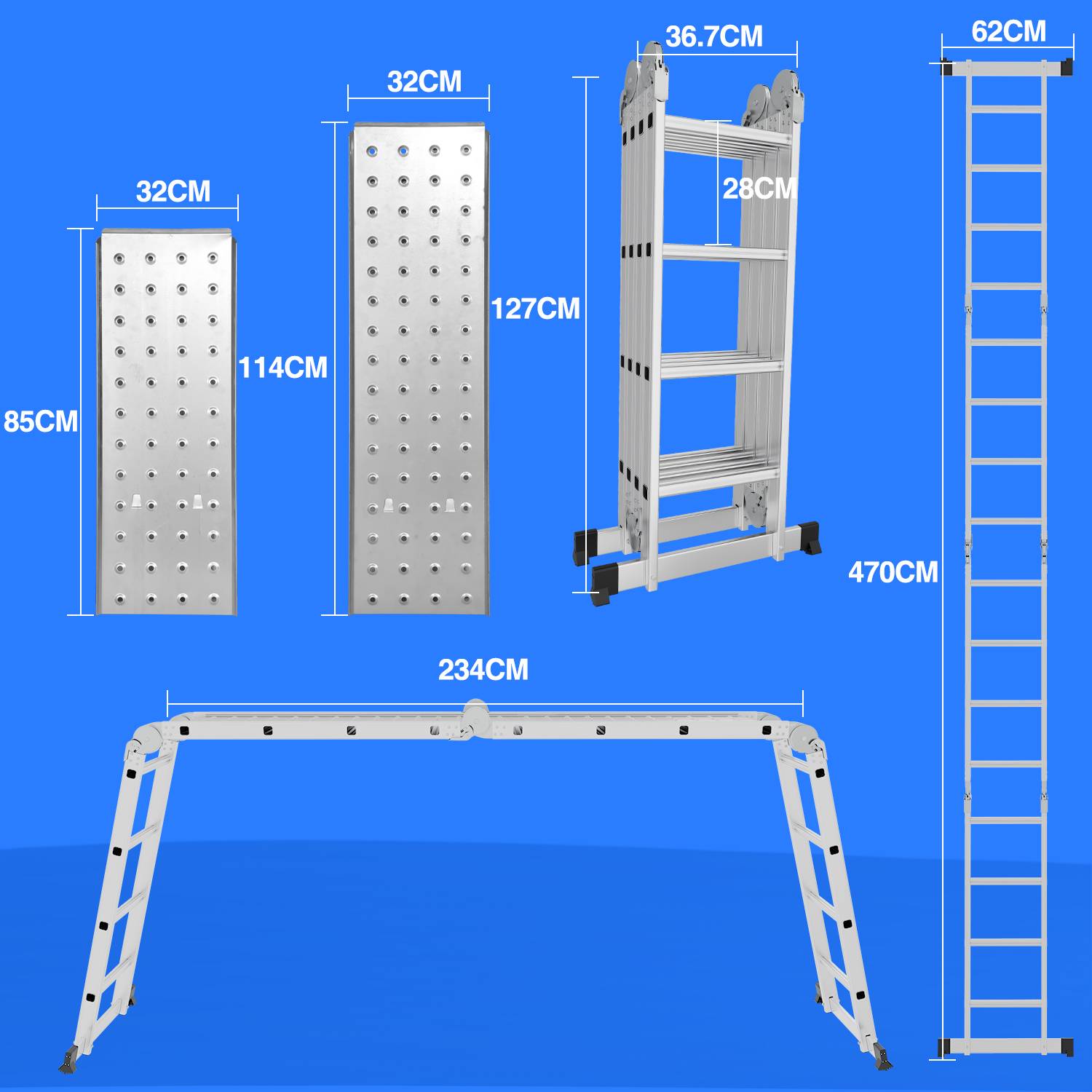 Mehrzweckleiter 6 in 1 470cm Alu Leiter Vielzweckleiter Klappleiter Anlegeleiter Stehleiter Haushaltsleiter Aluleiter Multifunktionsleiter