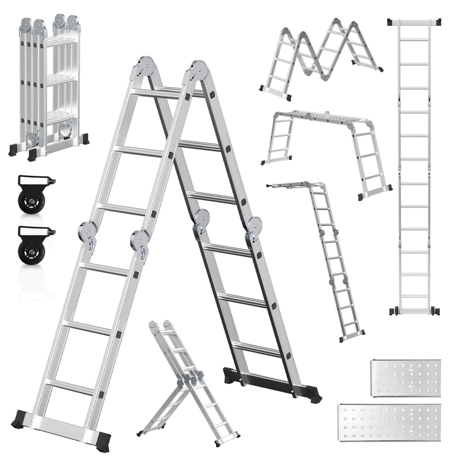 6 in 1 Leiter Mehrzweckleiter Alu Gelenkleiter Klappleiter 360cm Multifunktionsleiter Aluleiter Mit Plattform Bis 150KG 4 X 3 Stufen Silber