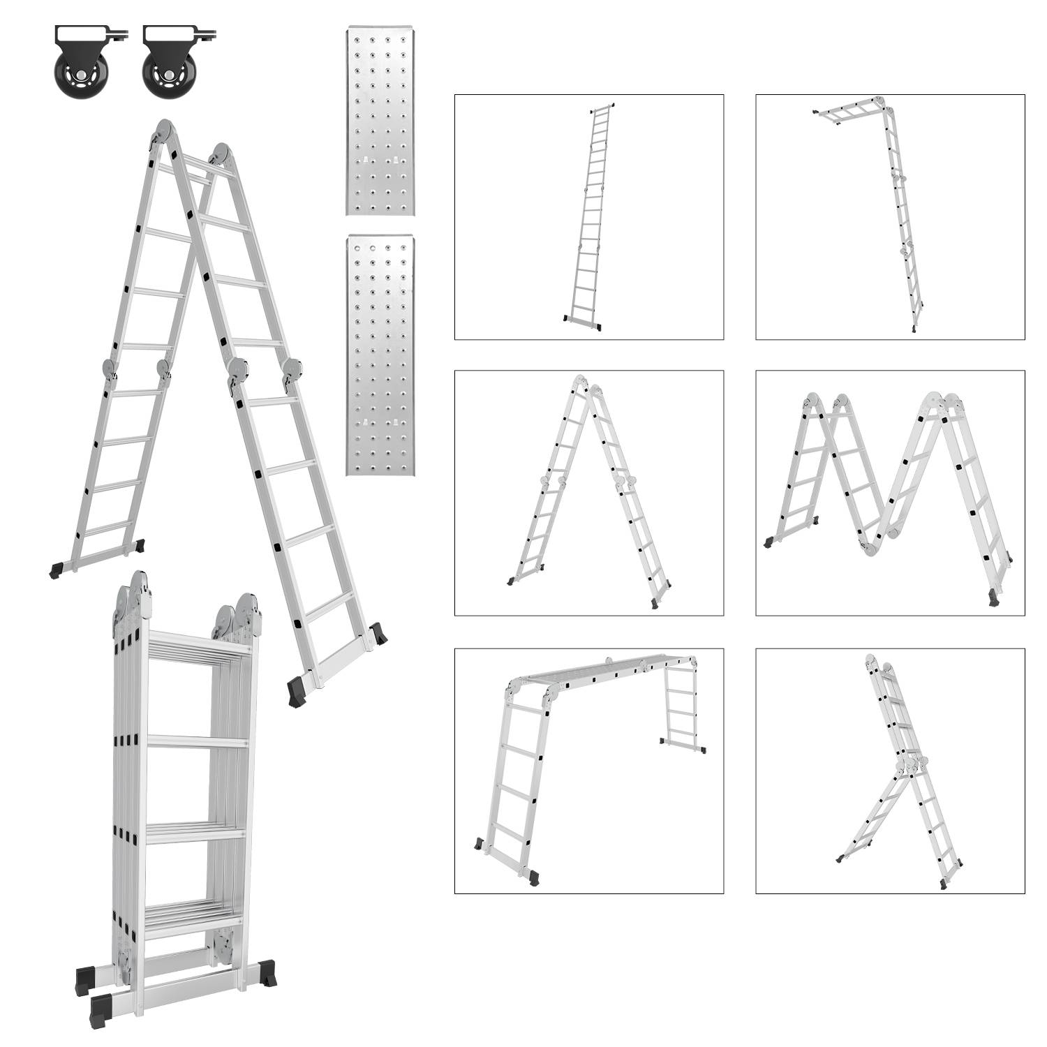 6 in 1 Leiter Mehrzweckleiter Alu Gelenkleiter Klappleiter 470cm Multifunktionsleiter Aluleiter Mit Plattform Bis 150KG 4 X 4 Stufen Silber
