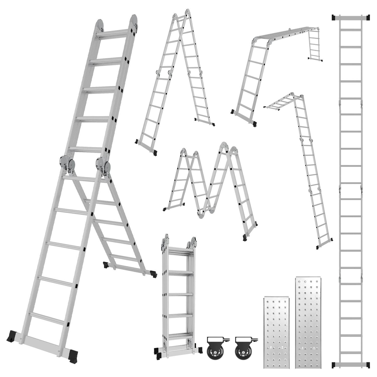 6 in 1 Leiter Mehrzweckleiter Alu Gelenkleiter Klappleiter 582cm Multifunktionsleiter Aluleiter Mit Plattform Bis 150KG 4 X 5 Stufen Silber