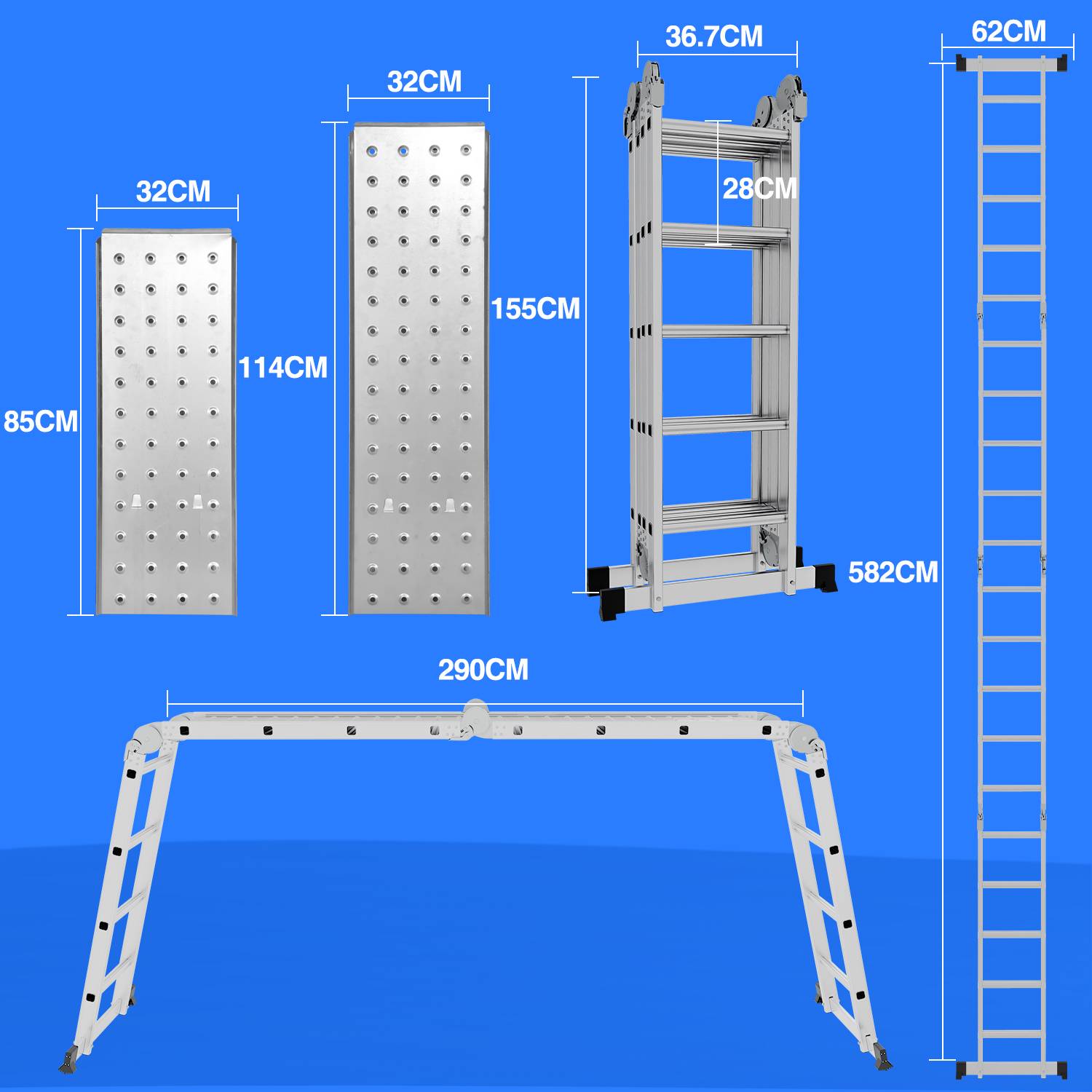 6 in 1 Leiter Mehrzweckleiter Alu Gelenkleiter Klappleiter 582cm Multifunktionsleiter Aluleiter Mit Plattform Bis 150KG 4 X 5 Stufen Silber