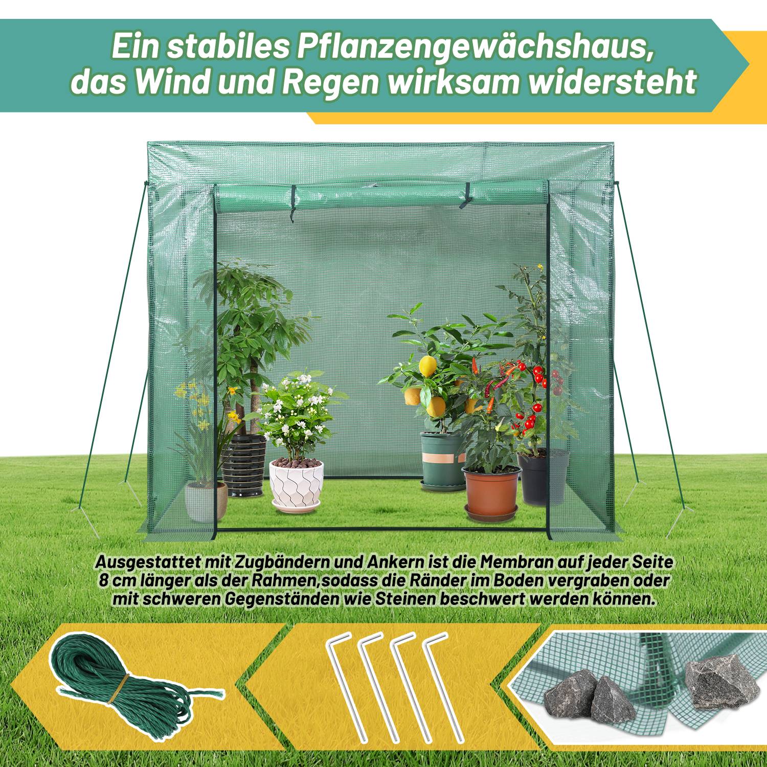 Foliengewächshaus Gewächshaus 140 g/m2, PE halbtransparente Tomatengewächshaus, Plane wasserdicht wetterfest, grün, 200x80x150/169cm