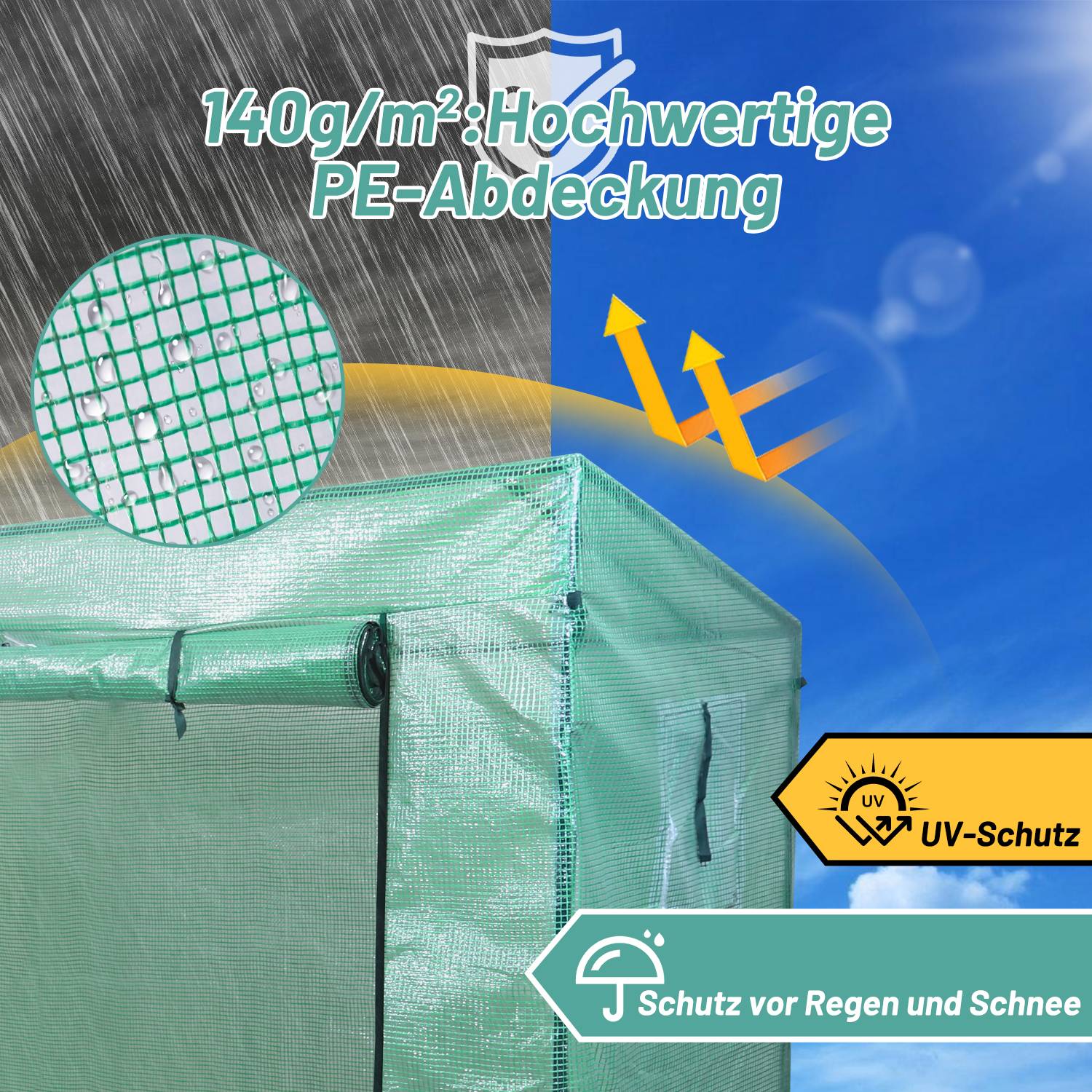 Foliengewächshaus Gewächshaus 140 g/m2, PE halbtransparente Tomatengewächshaus, Plane wasserdicht wetterfest, grün, 200x80x150/169cm