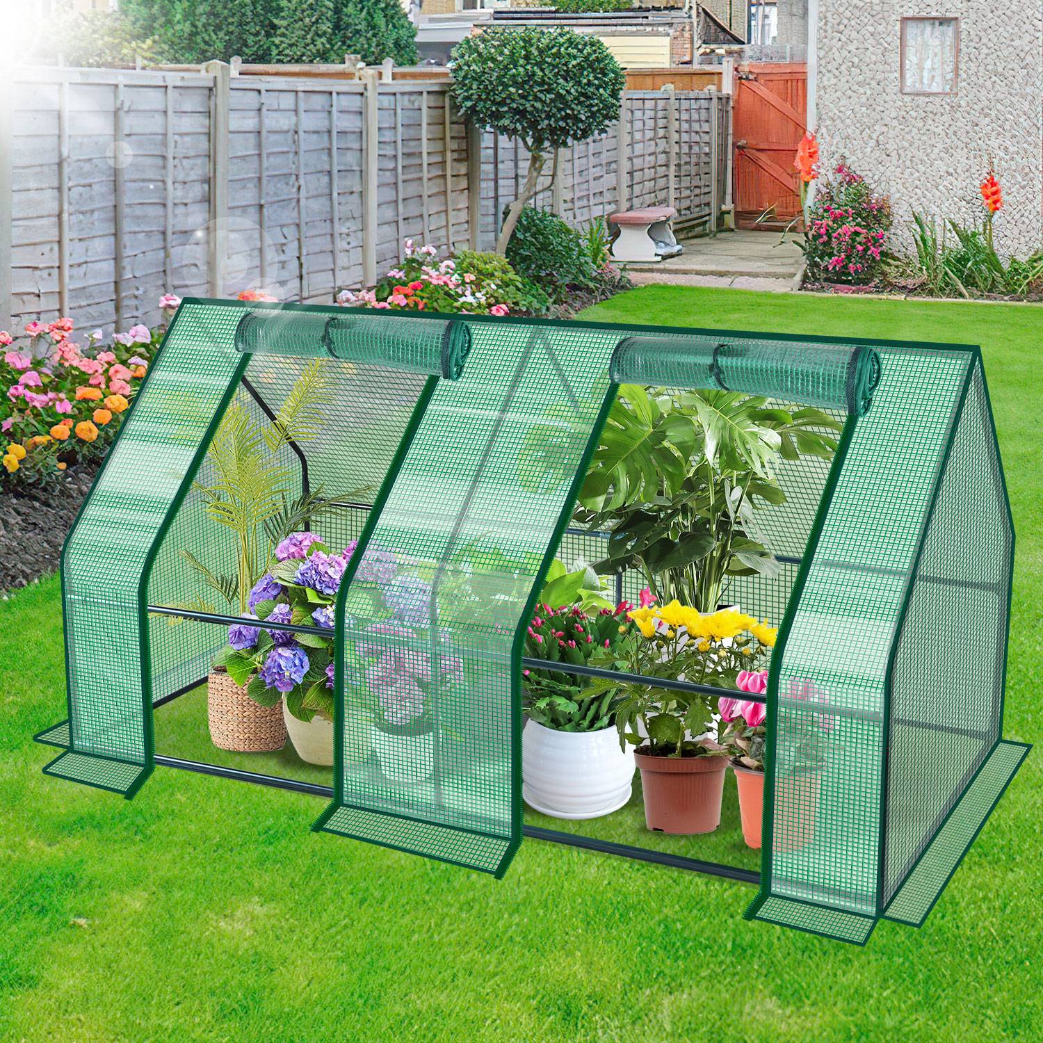 Gewächshaus 180x90x90cm Foliengewächshaus für draußen Treibhaus mit Reißverschluss und 2 Fenstern grün