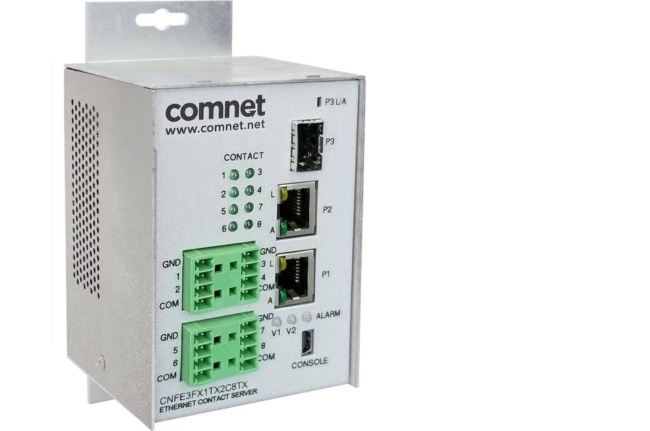 Silberne ComNet Ethernet-Kontaktserverbox mit beschrifteten Anschlüssen, grünen Klemmleisten, Status-LEDs und Befestigungslasche auf weißem Hintergrund