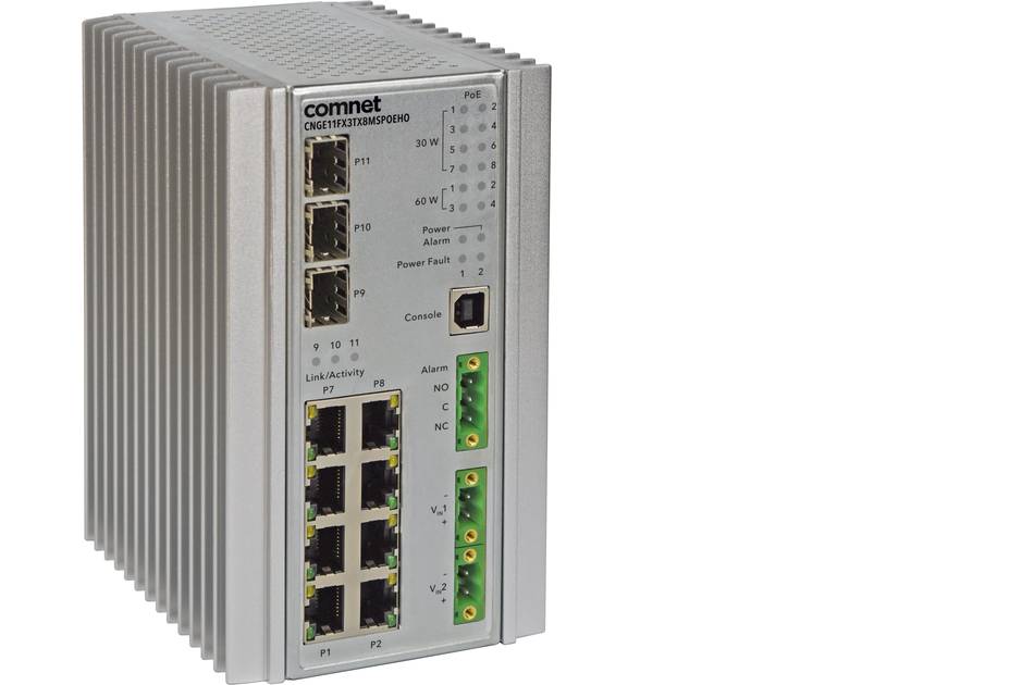 Industrieller ComNet-Netzwerk-Switch mit mehreren Ethernet-Anschlüssen, Konsolenport und Alarm-/Stromversorgungsklemmen in einem Metallgehäuse mit Rippen.