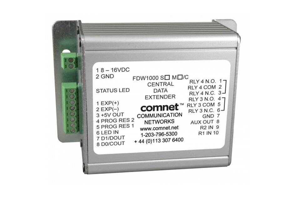 Silber ComNet FDW1000 SD zentrales Extender-Modul mit beschrifteten grünen Anschlussklemmen für Stromversorgung, Daten, Relais und E/A-Verbindungen.