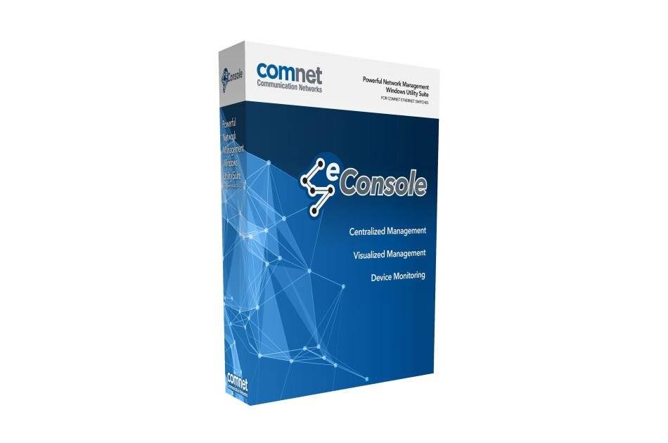 Softwarebox für ComNet eConsole, beschriftet mit „Zentralisierte Verwaltung