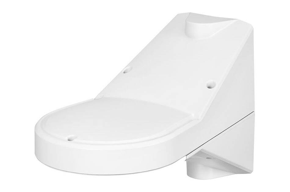 Weiße, an der Wand montierte Toilettensitzschale mit Stützhalterung, dargestellt vor einem einfachen Hintergrund.