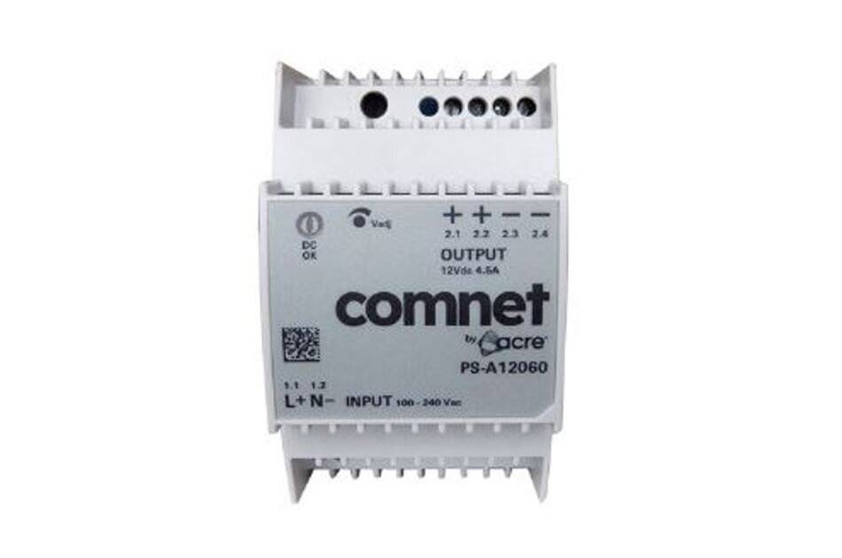 Weißes ComNet/Acme DIN-Schienen-Stromversorgungsmodul mit der Beschriftung „OUTPUT 12Vdc 4.5A