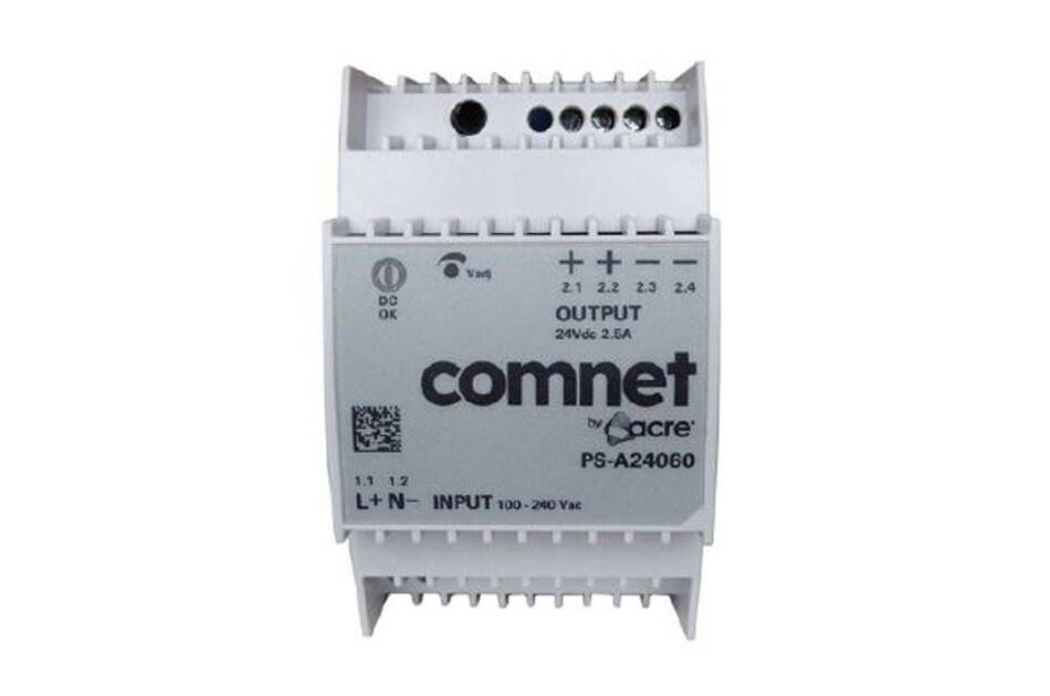 Nahaufnahme eines Comnet von Acree PS-A24060 DIN-Schienen-Stromversorgungsmodul mit der Beschriftung Eingang 100-240V AC und Ausgang 24VDC 2,5A.