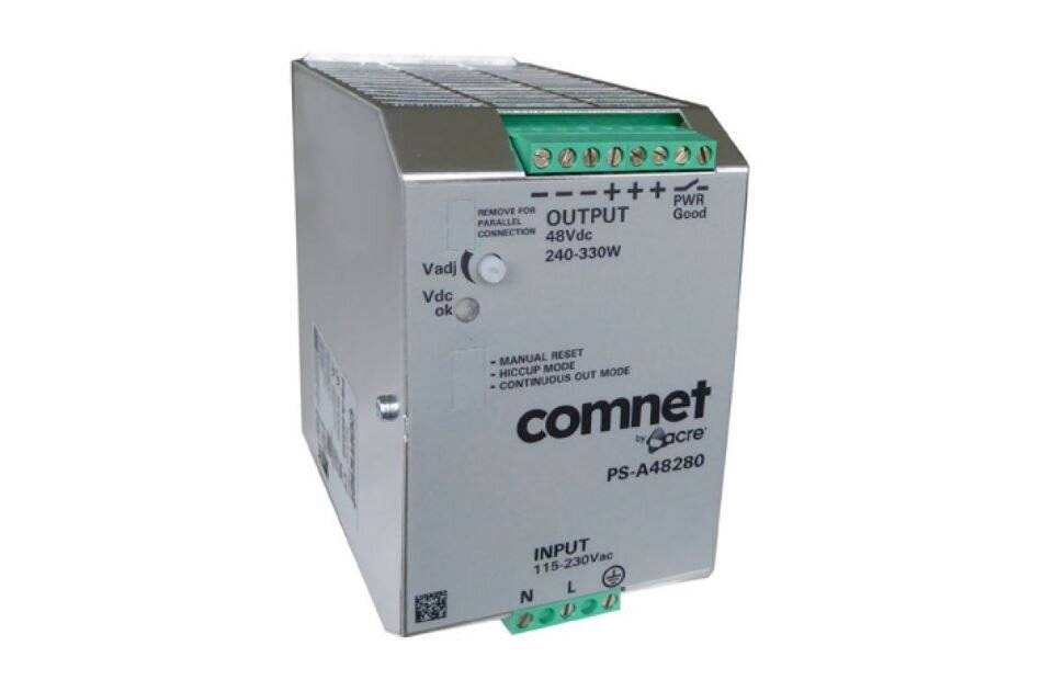 Comnet 48VDC-Stromversorgungsmodul mit Bezeichnung PS-A48280 mit Ein- und Ausgangsklemmen und Statusanzeigen.