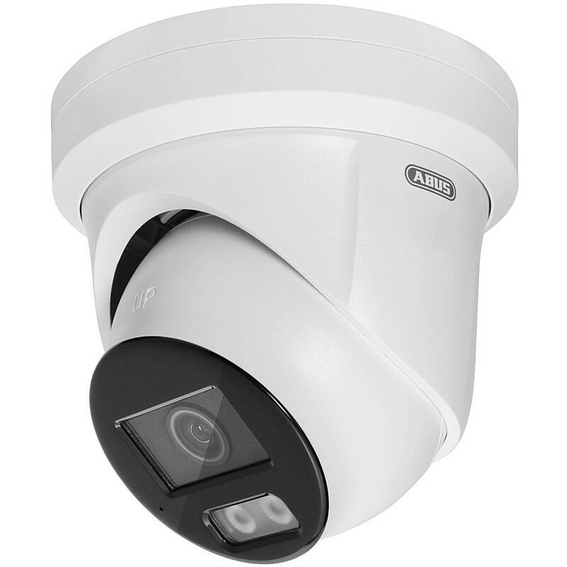 Weiße ABUS-Kuppelüberwachungskamera mit schwarzem Objektiv und Infrarotsensor auf einer Deckenbefestigung montiert.
