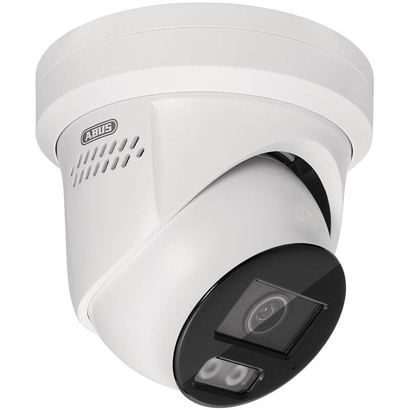 Weiße ABUS-Sicherheitskamera mit schwarzem drehbarem Objektiv und LED-Sensor, dargestellt auf einem einfachen Hintergrund.