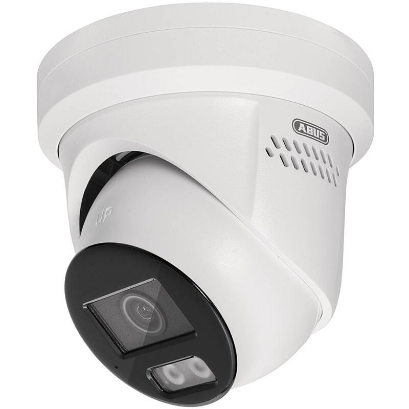 Weiße ABUS-Dome-Sicherheitskamera mit schwarzem Objektivgehäuse, vor neutralem Hintergrund dargestellt.