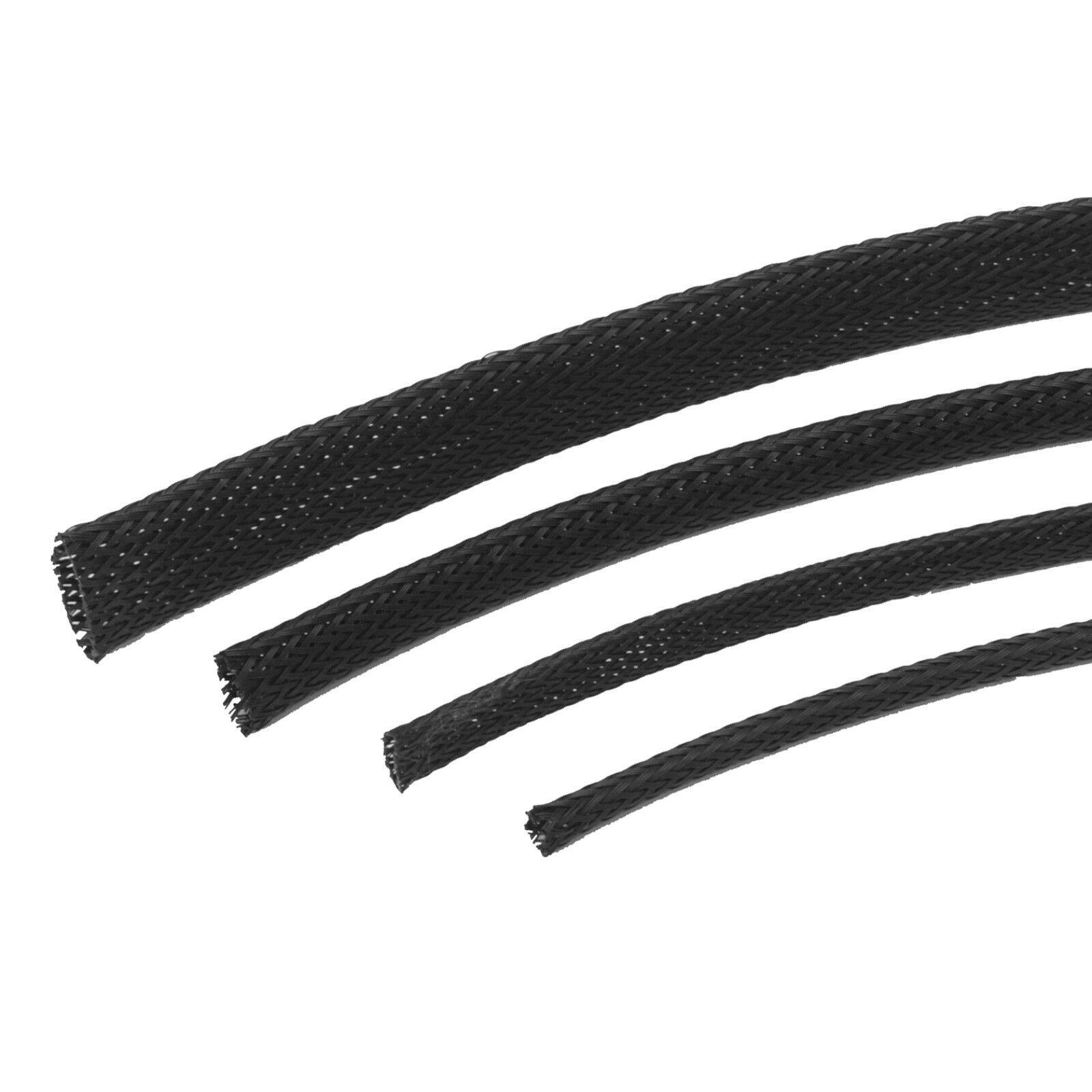 Schwarze expandierbare geflochtene Kabelschläuche in drei verschiedenen Größen, auf weißem Hintergrund dargestellt, verwendet zum Organisieren und Schützen von Drähten.