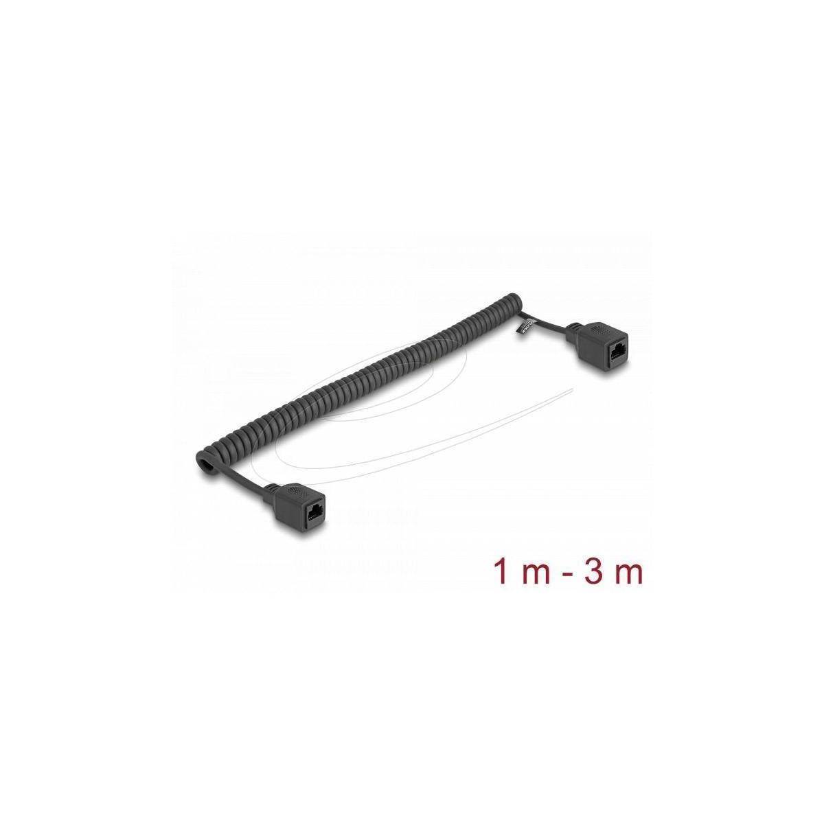Ein gewickeltes schwarzes Kabel mit Steckern an jedem Ende, das eine Länge von 1 bis 3 Metern hat.