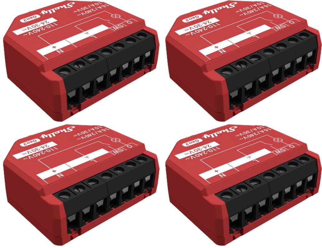 SHELLY Smart-Schalter 1PM Gen3, Relais, Unterputz, 1 Kanal, max. 16 A, WLAN, Bluetooth, 4 Stück