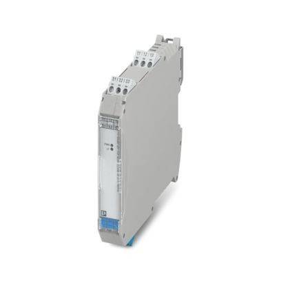 Ein graues dreieckiges elektronisches Gerät mit blauen Anschlüssen, das für den Einsatz in industriellen Anwendungen konzipiert ist und über NFC-Funktionen verfügt.