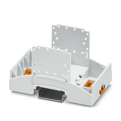 Eine weiße rechteckige elektrische Komponente mit Schlitzen und orangefarbenen Akzenten, die zur Unterbringung elektronischer Schaltungen verwendet wird, dargestellt aus einer Schrägansicht.