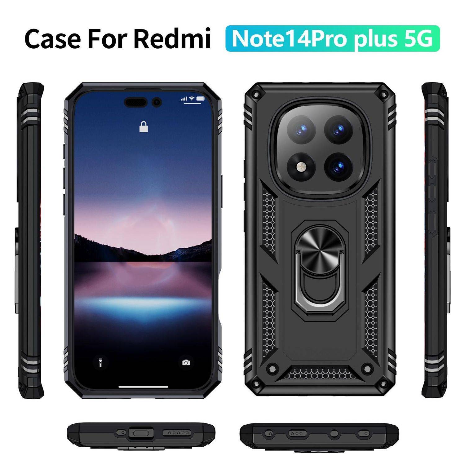 Für Xiaomi Redmi Note 14 Pro Plus 5G Armor Magnet Ring Hybrid TPU Hülle Schwarz