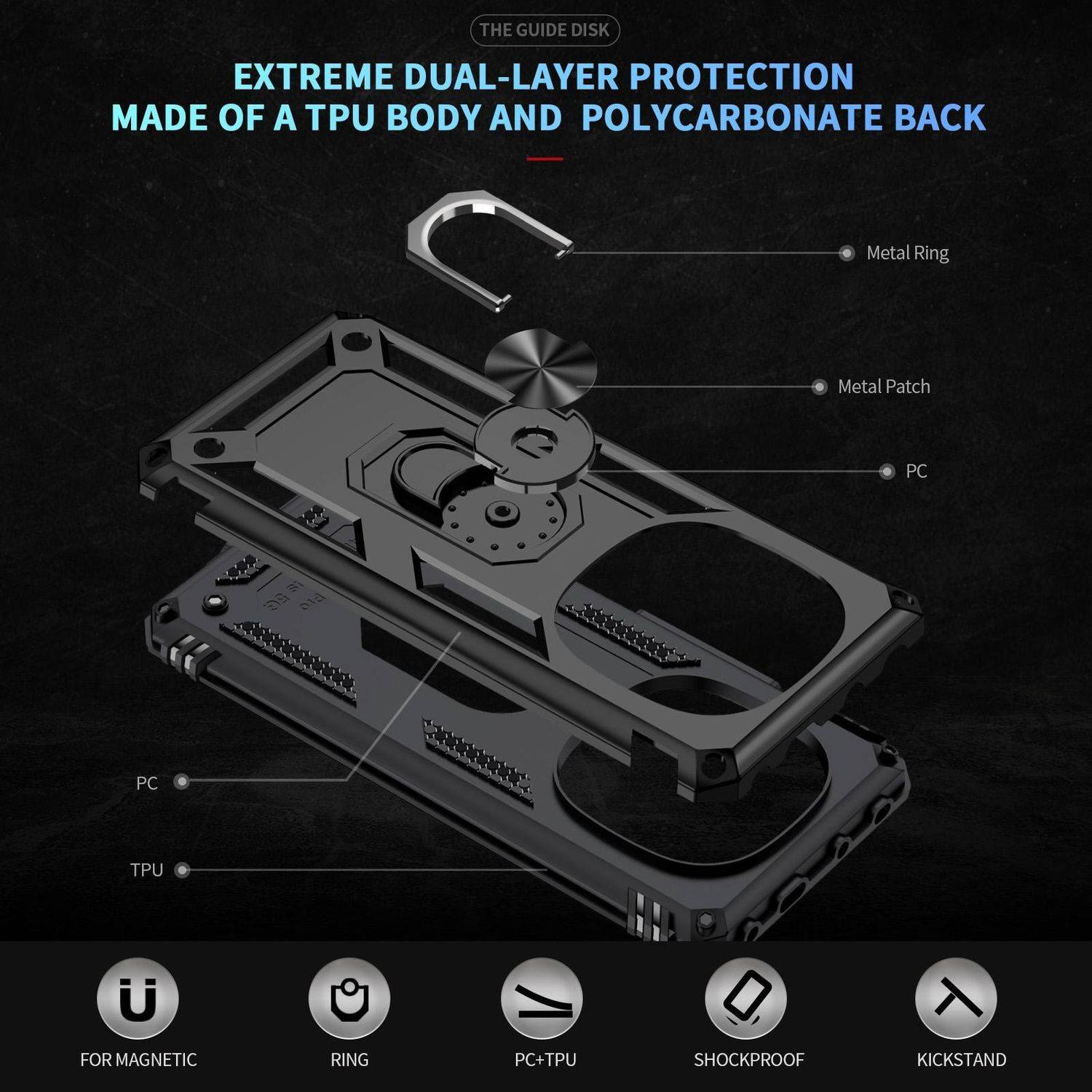 Für Xiaomi Redmi Note 14 Pro Plus 5G Armor Magnet Ring Hybrid TPU Hülle Schwarz