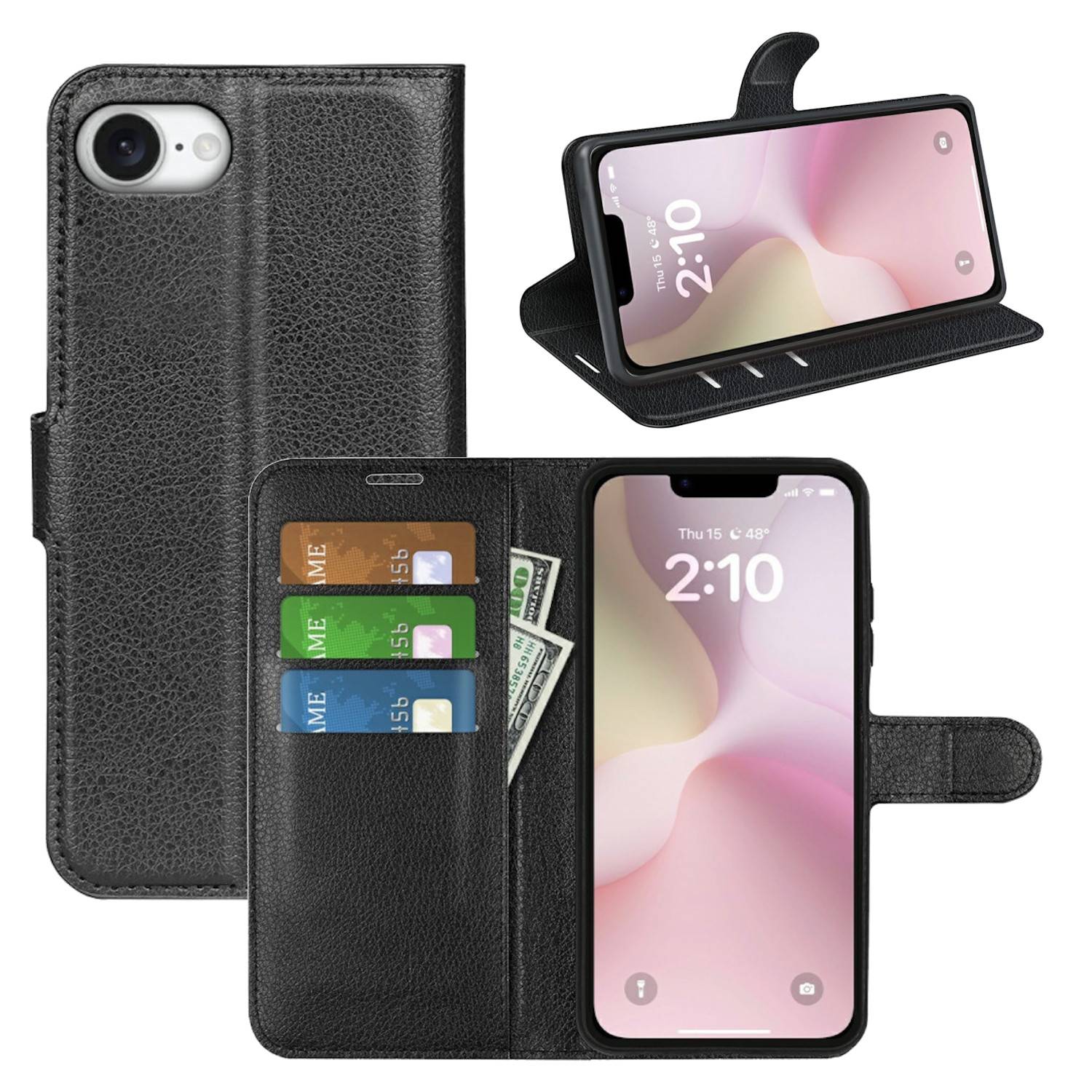 Handyhülle Kunstleder Klapptasche für Apple iPhone 17e / 16e Book Wallet Schwarz